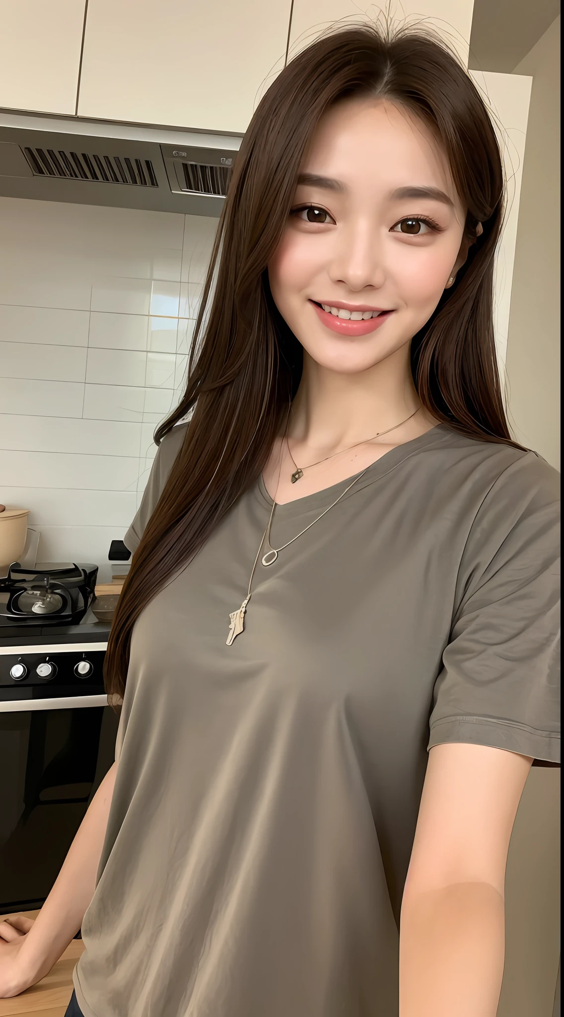 (top quality, 8k, masterpiece: 1.3), beautiful woman with perfect figure: 1.4, dark brown hair, wearing pendant, wearing a t-shirt, in the kitchen, very detailed face and skin, detailed eyes, double eyelids, big, smile