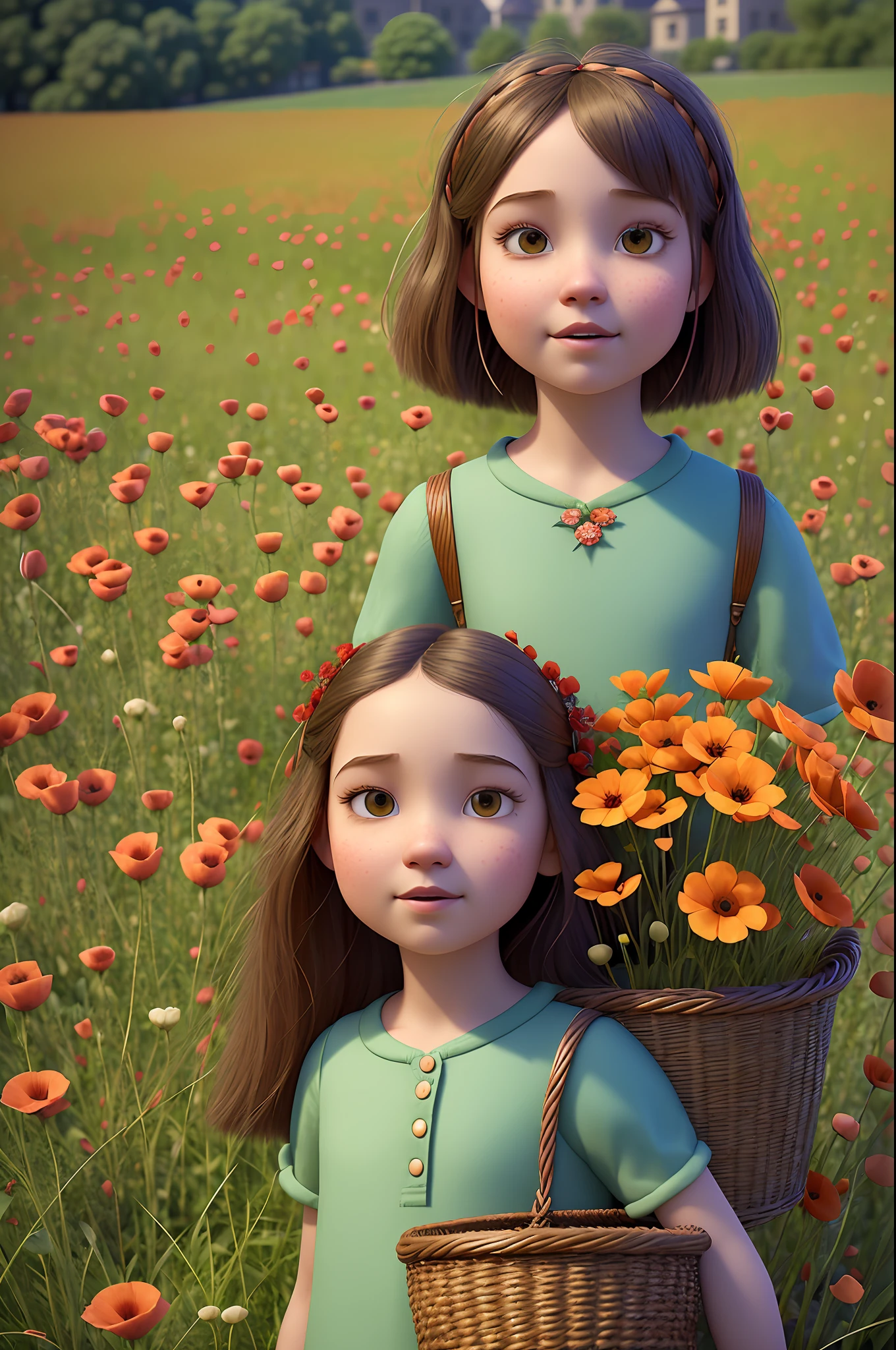 (pixarstyle:1.25) a waist-length portrait of a  girl with a basket of flowers, overgrown with poppy flower, natural skin texture, 4k textures, hdr, intricate, highly detailed, sharp focus, cinematic look, hyperdetailed