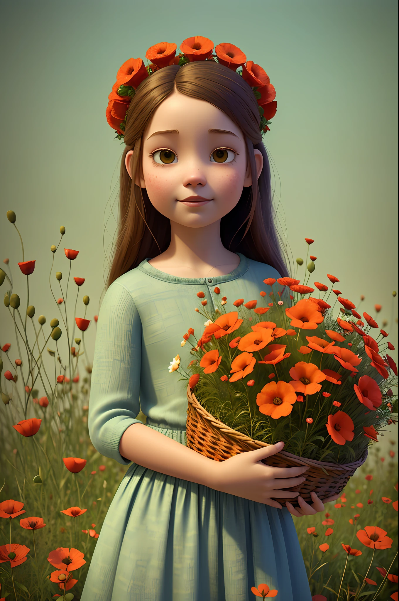 (pixarstyle:1.25) a waist-length portrait of a *********** with a basket of flowers, overgrown with poppy flower, natural skin texture, 4k textures, hdr, intricate, highly detailed, sharp focus, cinematic look, hyperdetailed