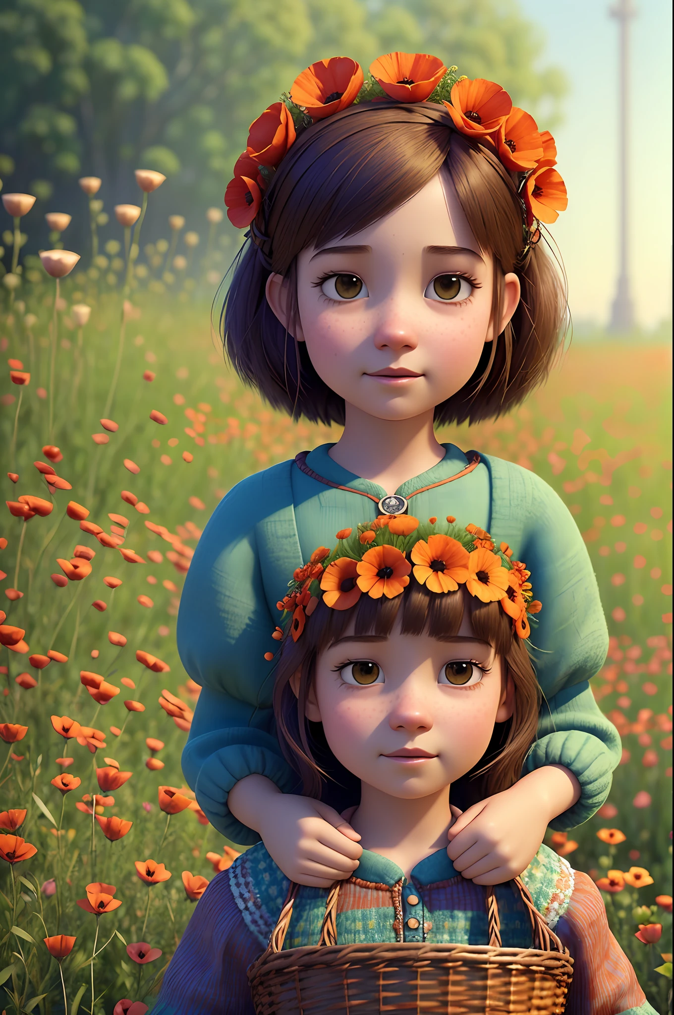 (pixarstyle:1.25) a waist-length portrait of a little girl with a basket of flowers, overgrown with poppy flower, natural skin texture, 4k textures, hdr, intricate, highly detailed, sharp focus, cinematic look, hyperdetailed