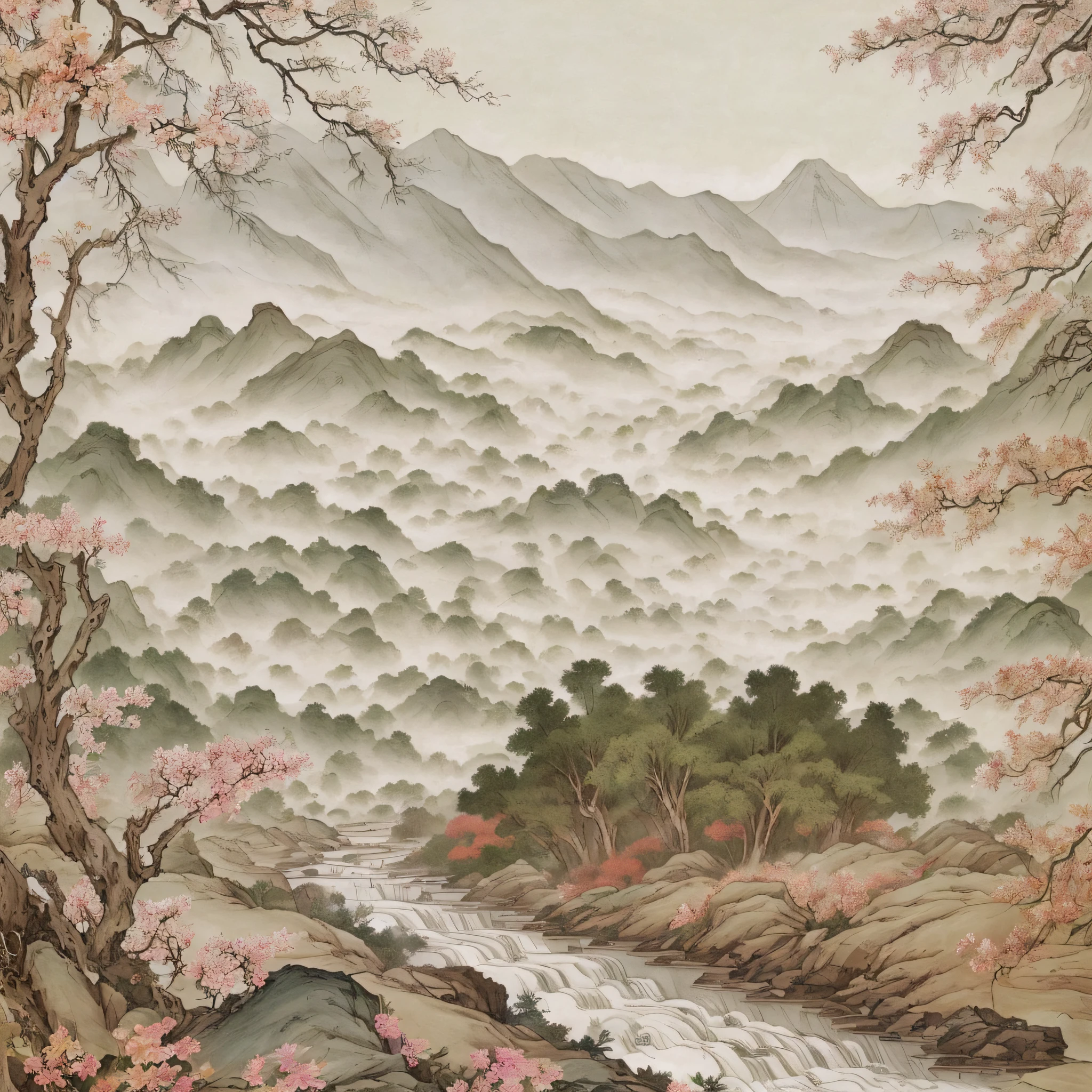 Masterpiece, Superb Piece, (((no_humans))), Solo, Chinese Painting, Gorgeous, Pure, Colorful, Clear and Sharp Focus, Instagram Most Watched, Conceptual Artist, Mountains, Trees, Depth of Field, Flowers, Shrubs, Running Water, Mist