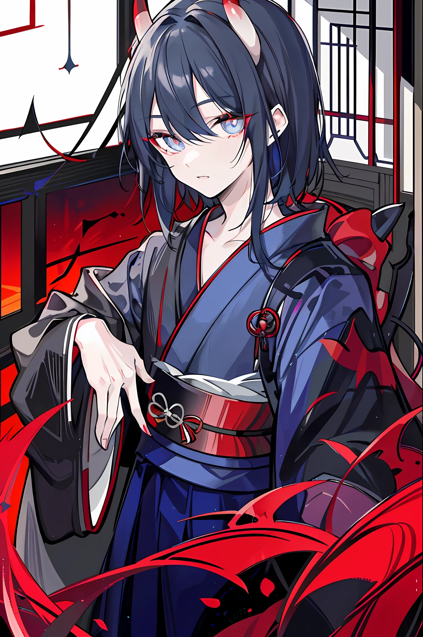 Young man alone, male, demon horn, male kimono, blue with one eye, gray eyes, odd-eyed, black hair, double teeth, indoors, mysterious red lighting, ruins at night,