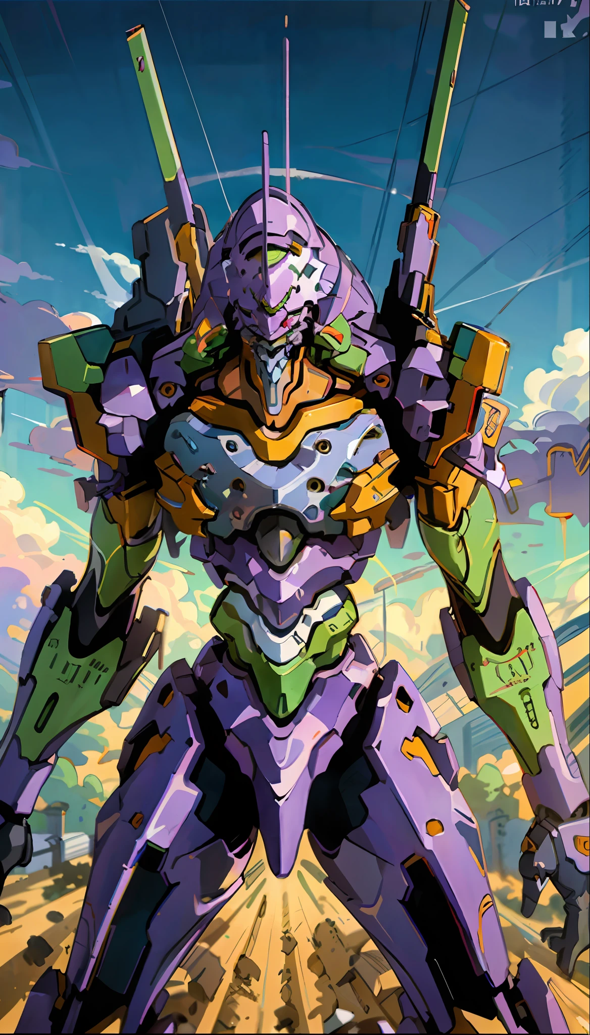 Eva 01,EVA 01,EVA, Eva, Evangelion mecha, (official art, best quality, masterpiece: 1.2), Illustrations, high resolution, beautiful abstract background, futuristic, sky, tech style, titanium, mecha, depth of field, wide angle, handheld weapon, fight, jump, rampage,