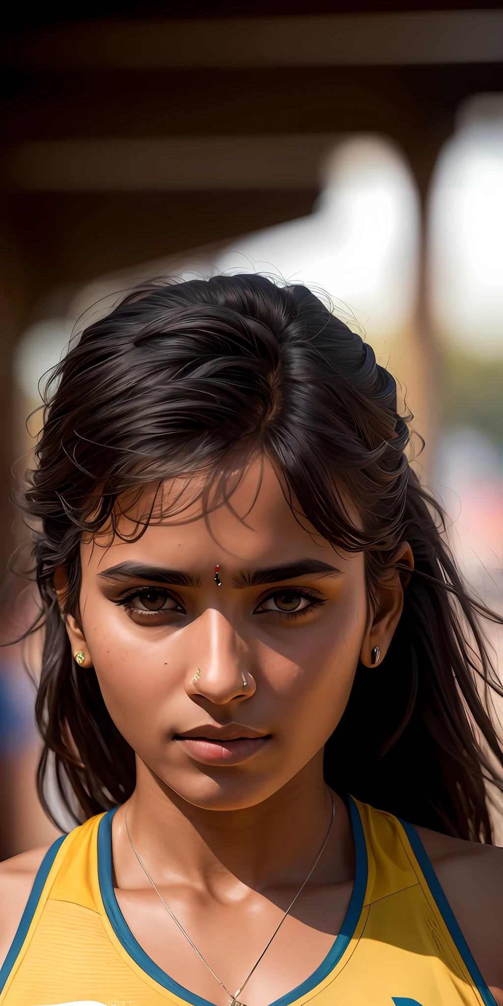 beautiful mature indian college girl, in athletics outfit, outdoors at athletics, ((slim, petite)), photorealistic, photo, masterpiece, realistic, realism, photorealism, photorealism, high contrast, photorealistic digital art trending on Artstation 8k HD high definition detailed realistic, detailed, detailed, skin texture, hyperdetailed, realistic skin texture, faucet, best quality, ultra high resolution, (photorealistic:1.4), high resolution, detailed raw photo, sharp image, by Lee Jeffries, Nikon D850, stock photo, 4 Kodak Portra 400 camera, f/1.6 lens, rich colors, hyper-realistic, lifelike texture, dramatic light, unrealistic engine, still trending in art station cinema: 800, nude