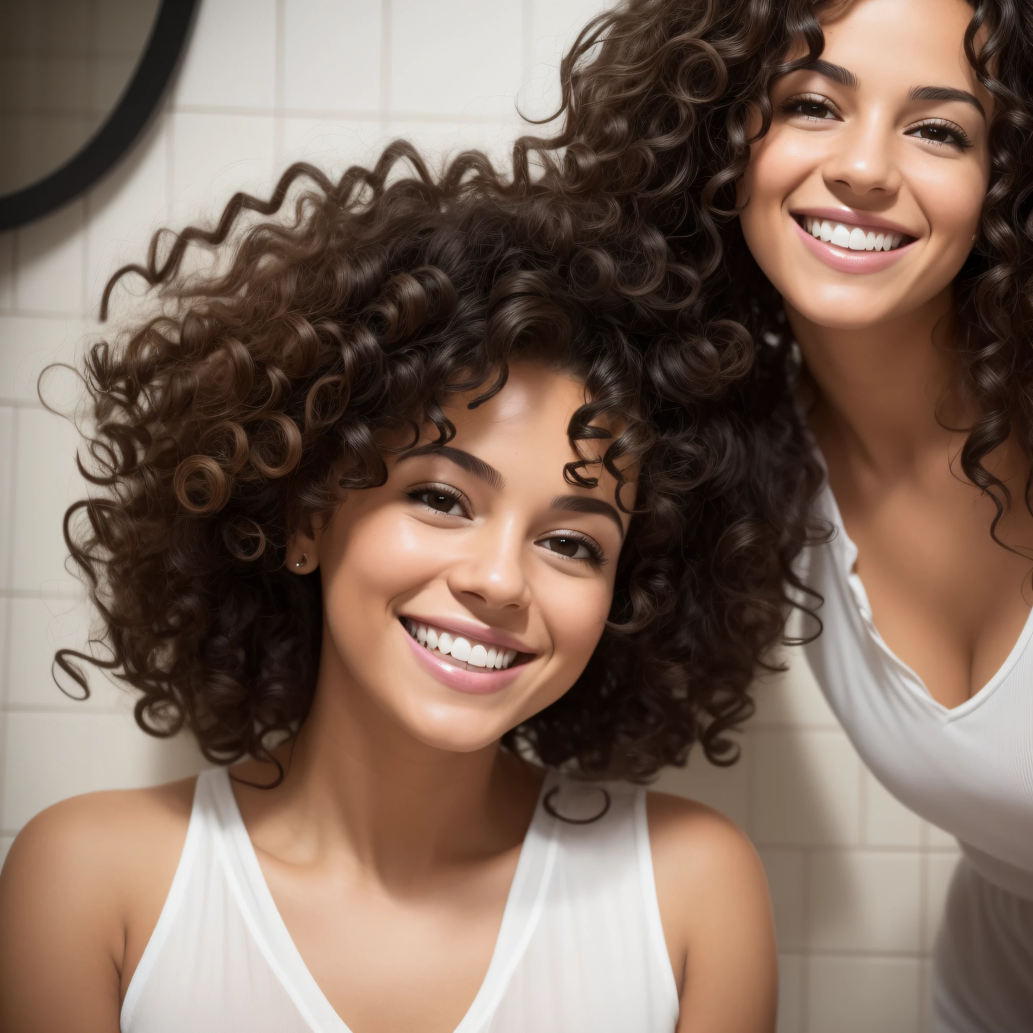 There is a woman with curly hair smiling in a bathroom, short curly dark hair smiling, smiling happily at the camera, beautiful and smiling, curly hair, messy curly hair, curly, she is smiling, she is smiling and happy, very silly looking, headshot profile picture, po, insane smile, curly hair, very slightly smiling