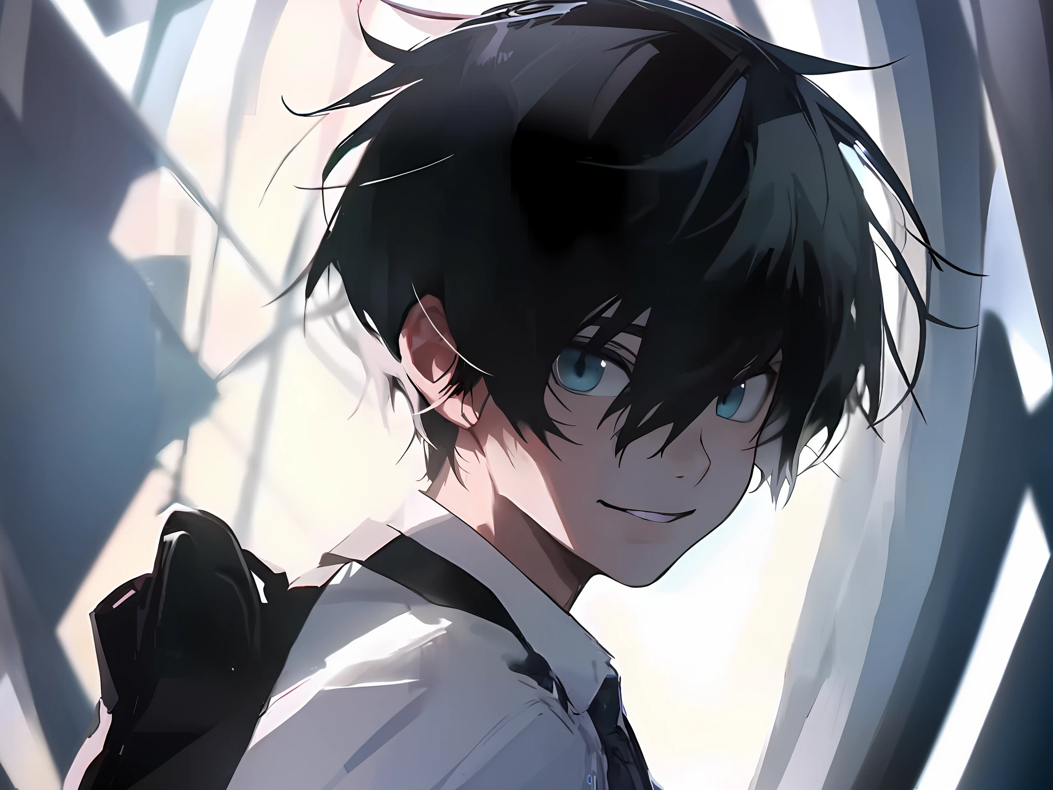 anime boy with black hair and blue eyes in a white shirt, inspired by Okumura Togyu, [[[[grinning evily]]]], anime boy, tall anime guy with blue eyes, inspired by Okumura Masanobu, high quality anime artstyle, young anime man, rin, grinning lasciviously, 8k!