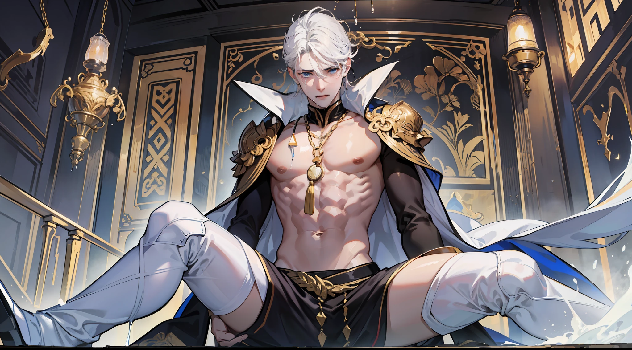 male middle score being dragged by hair back expression mansion night boy pupil 8k best quality masterpiece very detailed wallpaper tease white skin waist wrapped tears full body thin waist slim wet body drool roll eyes tall liquid excitement frown tears