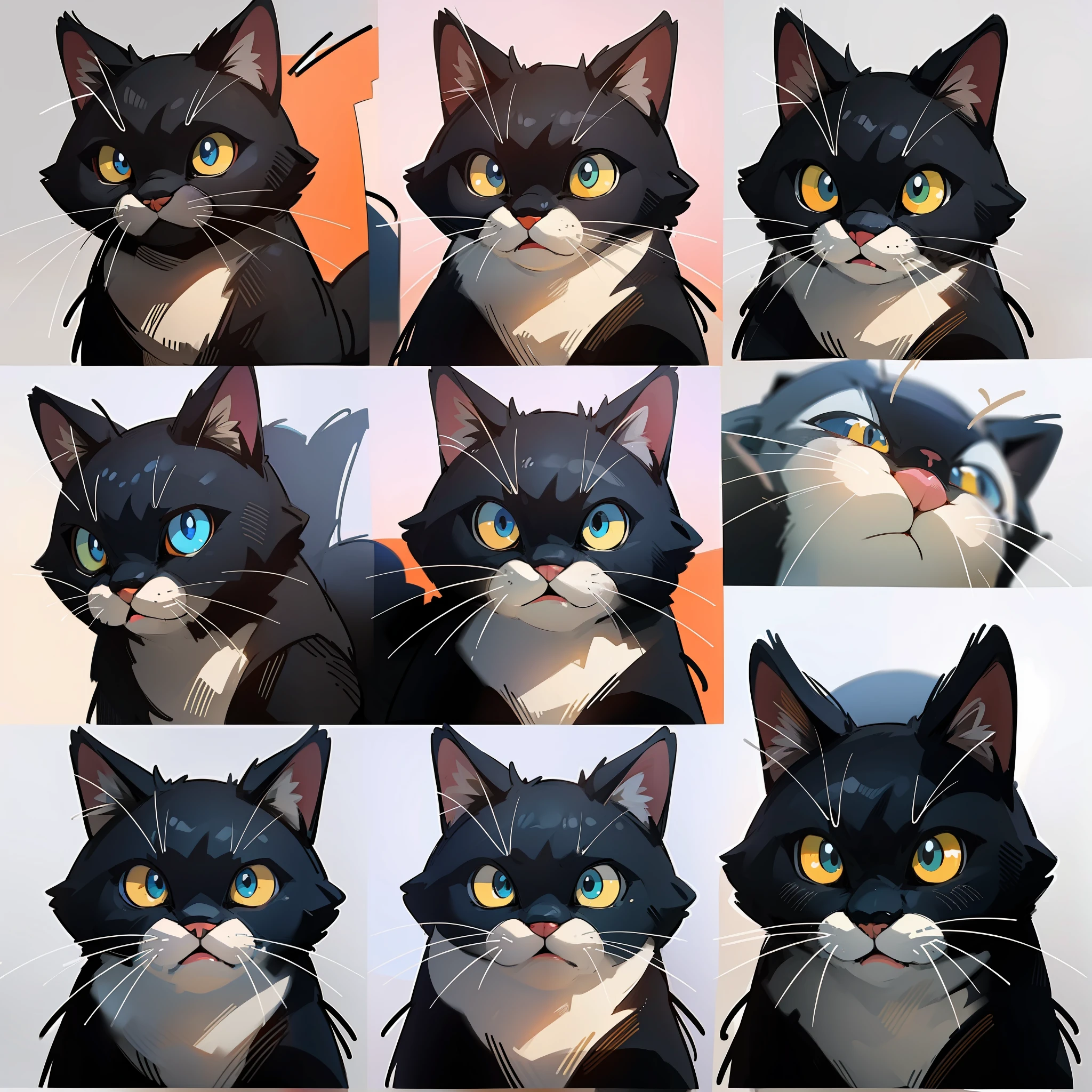 Best image quality, masterpiece, ultra high resolution, 1 black cat, various expressions, cartoon, white background, --auto --s2