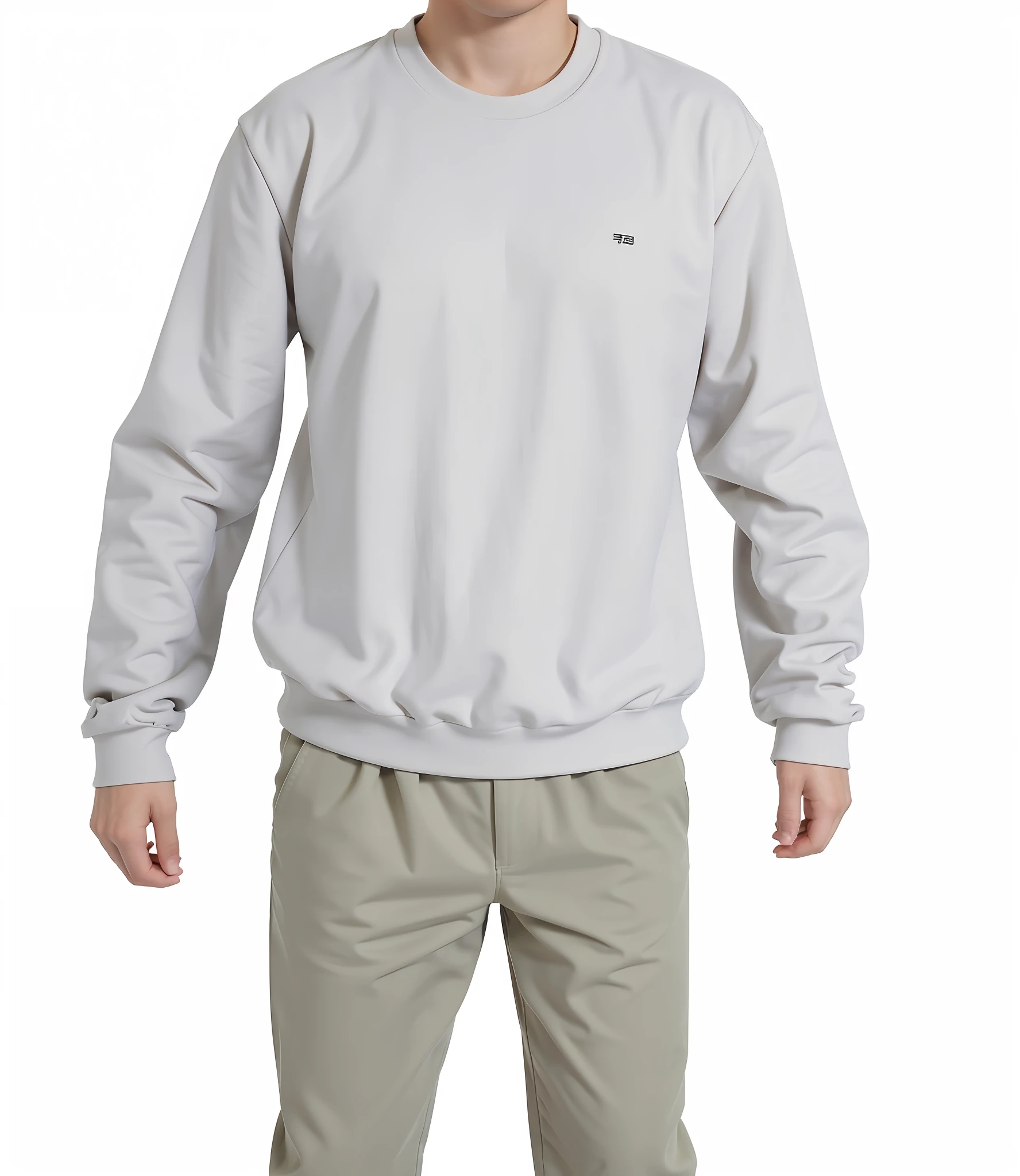 A closeup of a man wearing a beige sweatshirt and khaki pants, folded cuff, with prison clothes, modern casual clothes, f/2 0, realistically rendered clothes, lightweight, full body photography, beige Russian clothes, f/22, f/2 2, detailed clothes, technological clothes, beige, full body - front - shot, basic, realistic clothes,, perfect hands