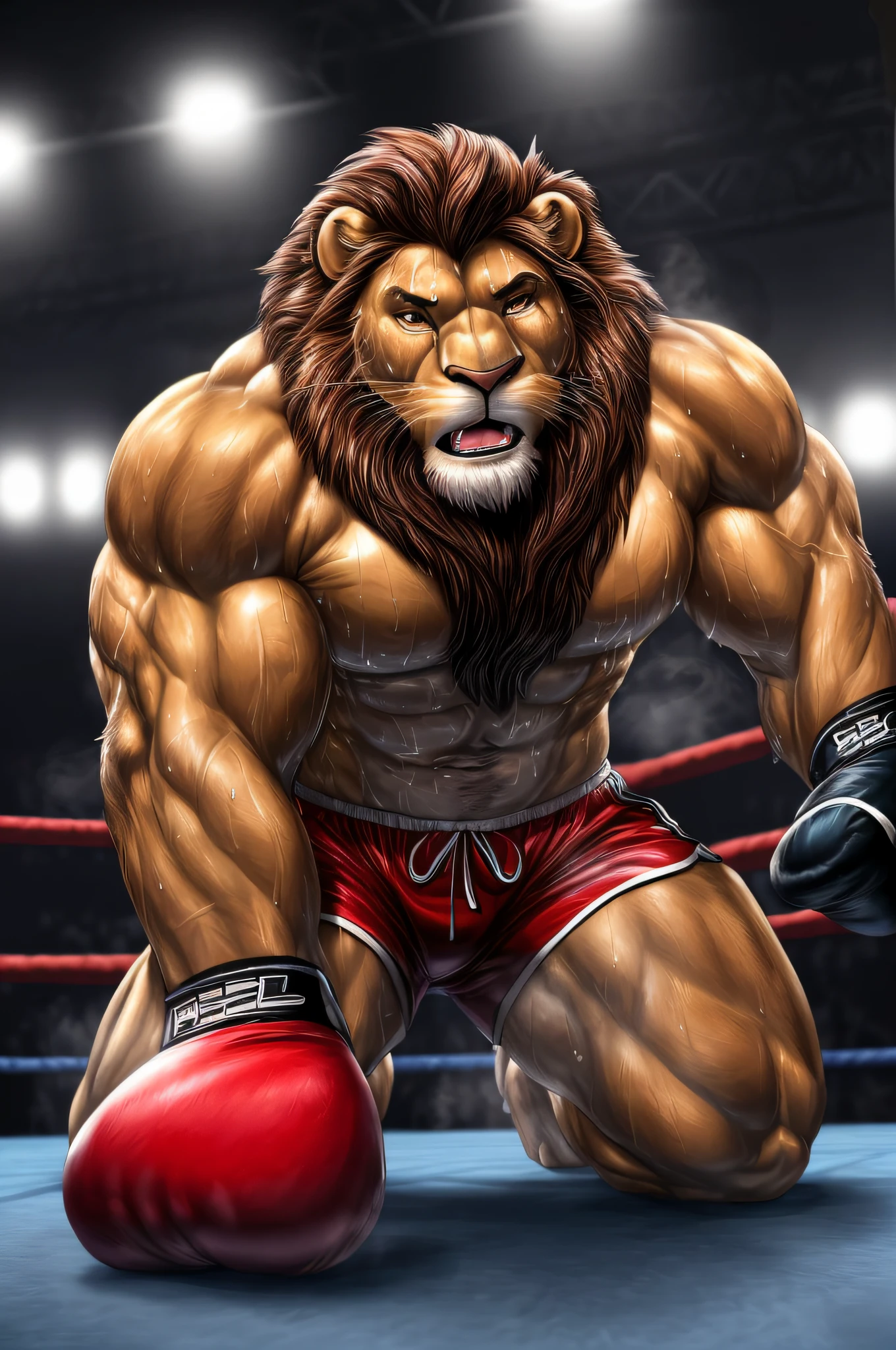(extremely detailed and realistic masterpiece of an) ((male anthro lion)) with (muscles) and (athletic build), featuring (correct anatomy) and (detailed sweat droplets) glistening and emphasized, (collapsed and bent down) with an (exhausted and panting steamy breath). He's wearing (boxing gloves) and (shorts), kneeling alone in the (boxing ring) showcasing his (hard work and dedication).