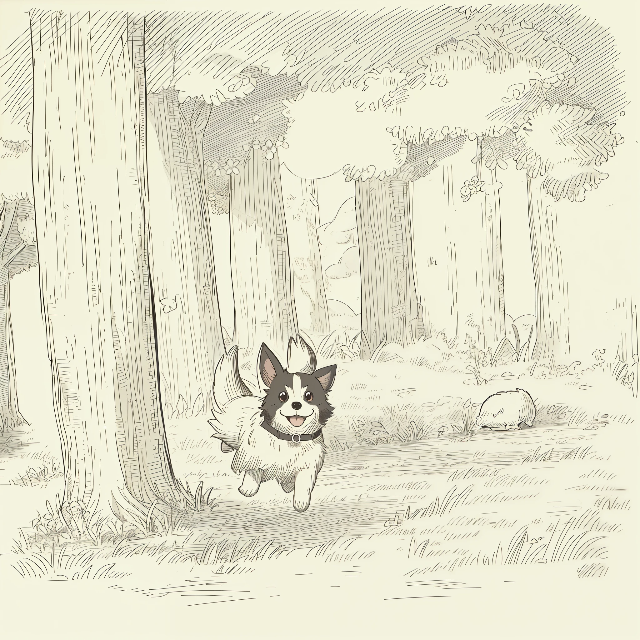 (High quality, 8k) line drawing, lineart, black and white, cute and fluffy chihuahua dog running in the forest with trees and flowers