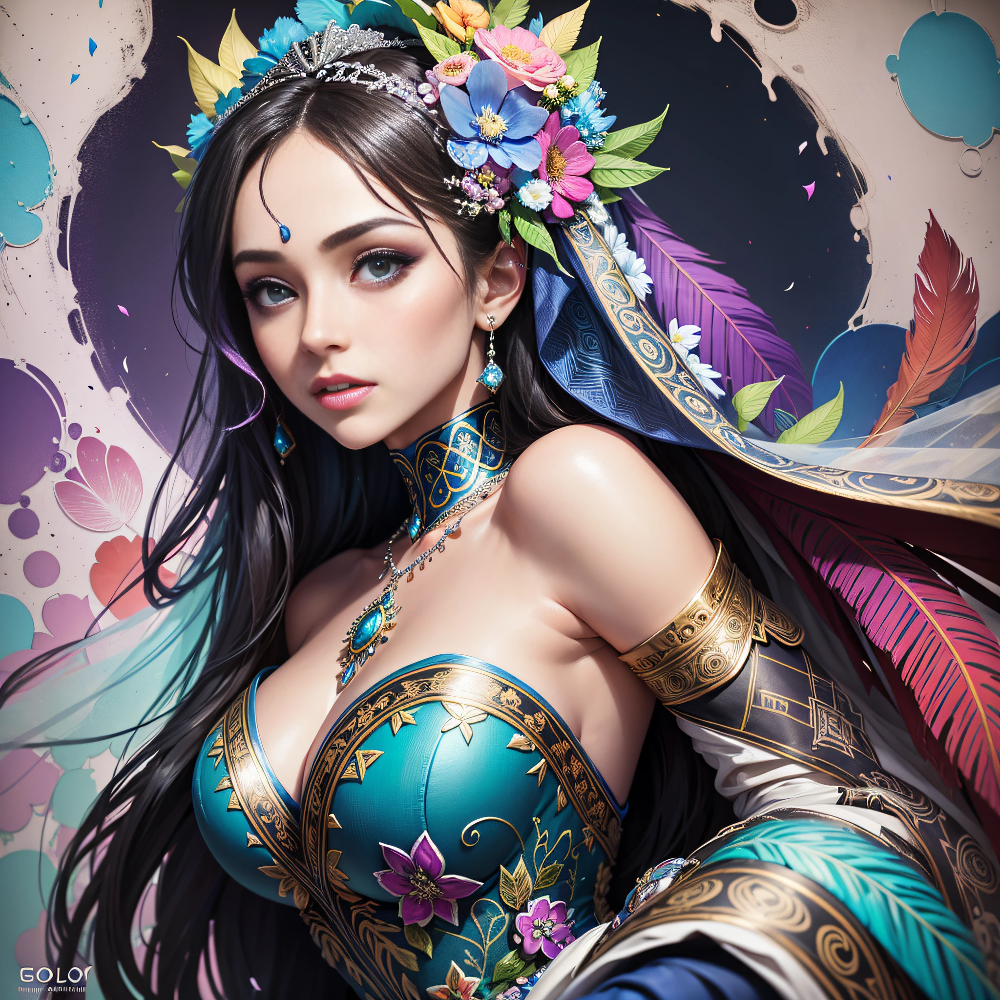//style (Maximalism:1.3), vivid contrast, (typography:1.3), BREAK //quality and charactor (realistic:1.2), super photo realistic illustration, highres, ultla detailed, absurdres, extremely beautiful bride, (female bride:1.8), (feathers:1.3), (full body:1.3), (gothic girl dress decorated many jewelries, ultra detailed embroidery dress), (huge dress:1.5), (ultra detailed dress:1.5), beautiful long hair blowing in air, hair ornaments with jewelries and light chains, amethyst, lapis lazuli, emerald, turquoise, sapphire, topaz, (from below:1.1), //emotion (god bless you:1.5), compassionate expression, empathetic, caring, kind, content expression, satisfied, pleased, gratified, thoughtful expression, determined expression, purposeful, BREAK //background (detailed wedding background:1.5), flower petals, colorful flowers, spiral, spiral staircase, BREAK //effect (colorful:1.5), blooming light effect, suspended moments, paper collage, layered compositions, varied textures, abstract designs, artistic juxtapositions, layered imagery, surreal compositions, visual storytelling, contemporary art, blended techniques, textured oil painting, bold brushwork, rich colors, sculptural surface, expressive technique, tactile appeal, low-key lighting, moody ambiance, subtle highlights, mysterious aura, fauvism, (bold color palette):1.2, expressive brushwork, vivid hues, strong contrasts, emotional impact, modern art movement,