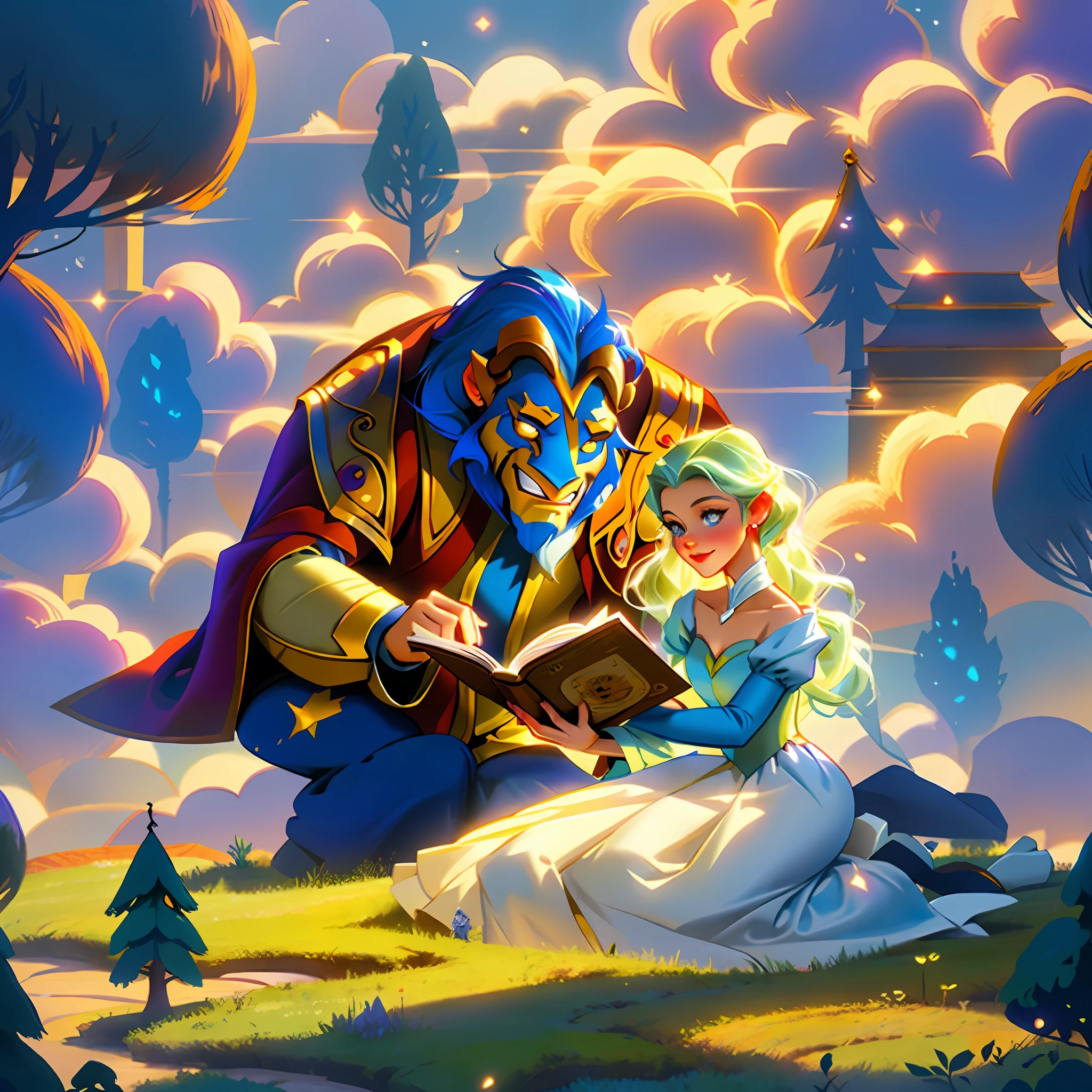 A caricature of a man and a woman reading a book, Disney-style art, fairytale illustration style, ((Beauty and the Beast)), Disney art style, in Disney animation style, fairy tale illustration, Disney art, fairy tale illustration, magical forest in the background,  fantasy, roses in the grass, ray of lights, high detaills, cinematic light, uhd,8k,16k, ((masterpiece))