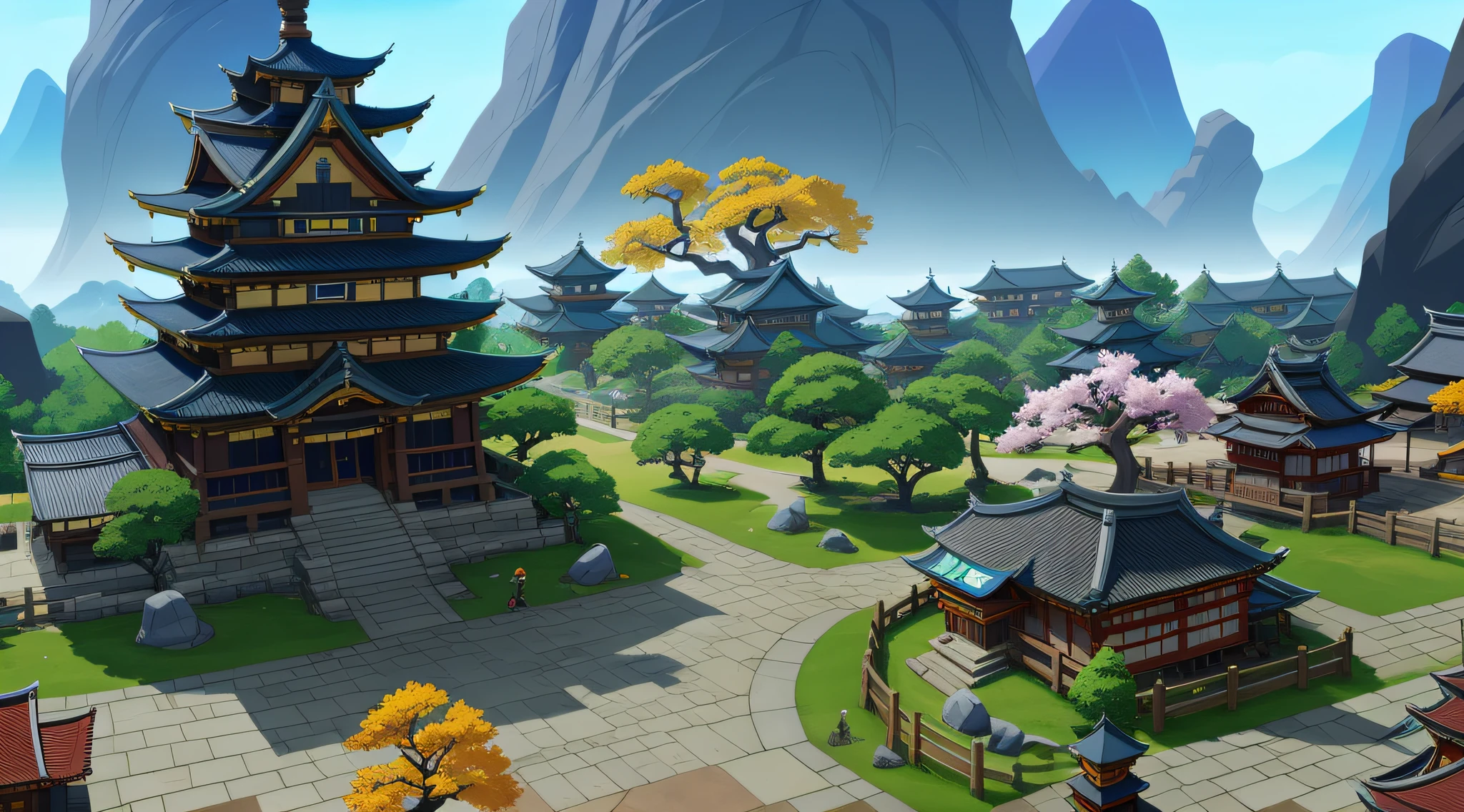 a close up of a small town with a lot of trees, stylized concept art, onmyoji detailed art, japanese town, dojo on a mountain, stylized game art, ingame image, screenshot from the game, game asset of fighters, rendered in nvidia's omniverse, legend of korra setting, style of duelyst, onmyoji