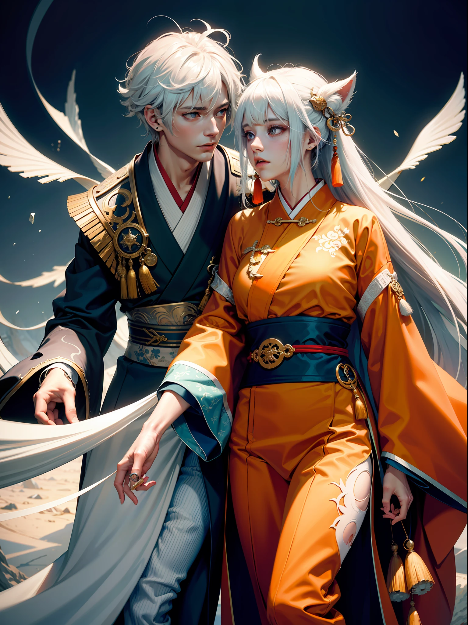 Concept Art, "1 Couple, Male Focus, Fin Ears, Multicolored Hair, Handsome Boy, Long White Hair, Tassels, Bangs, Carp, Colorful, Bold Colors, White Kimono, (Open) Kimono, Traditional Chinese Clothing, Close-up, Intimate Interaction in Bed, Stud Earrings, Rings, Sweat, Illuminate People", Colorful, Master Composition, Focus on Key Figures, Realism, Masterpiece, Award-Standing, Best Quality, Masterpiece, Ultra Detailed, 8K, Extremely Detailed CG Unity 8k wallpaper, complex, highly detailedrealistic
