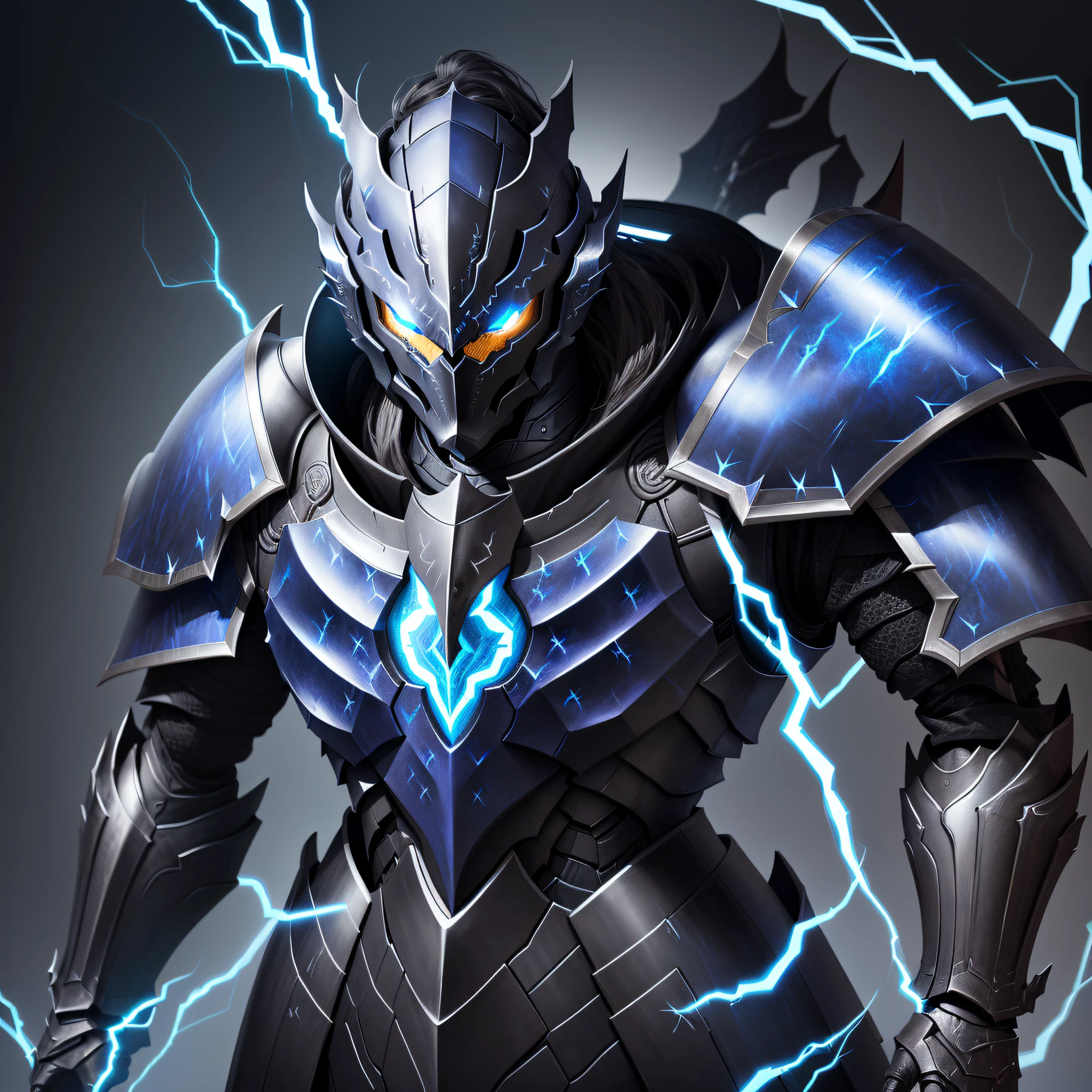 Knight woman with blue eyes and a black armor, dragon knight, demonic armor, dragon, inspired armor, draconian looking armor, evil knight, dragon armor, dragon inspired armor, blue armor, ancient dragon full plate armor, shadow armor, epic costume digital art style, dark armor, black and blue armor, helmet, shadow knight, fantasy inspired dragon armor,  the flash, SAVITAR