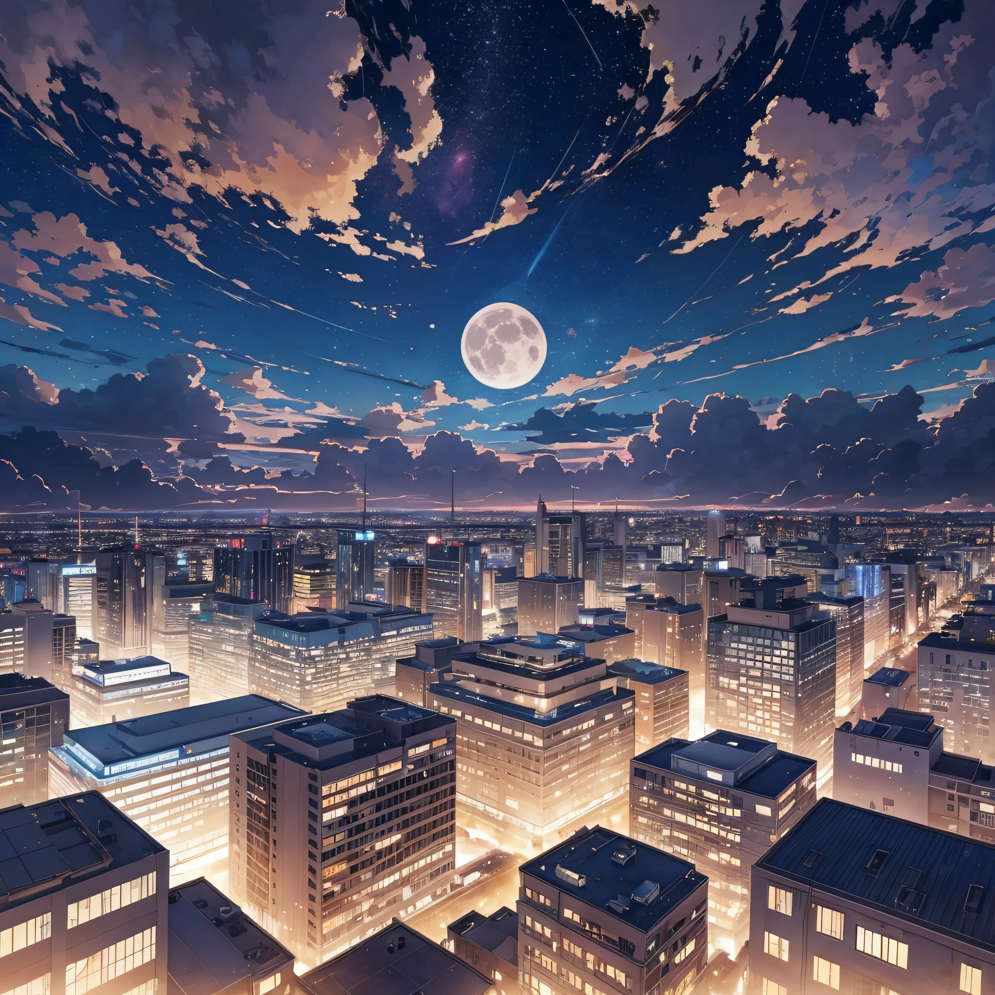 beautiful wide anime night sky, panoramic, symetric, clear, clouds and moon in the center --auto --s2