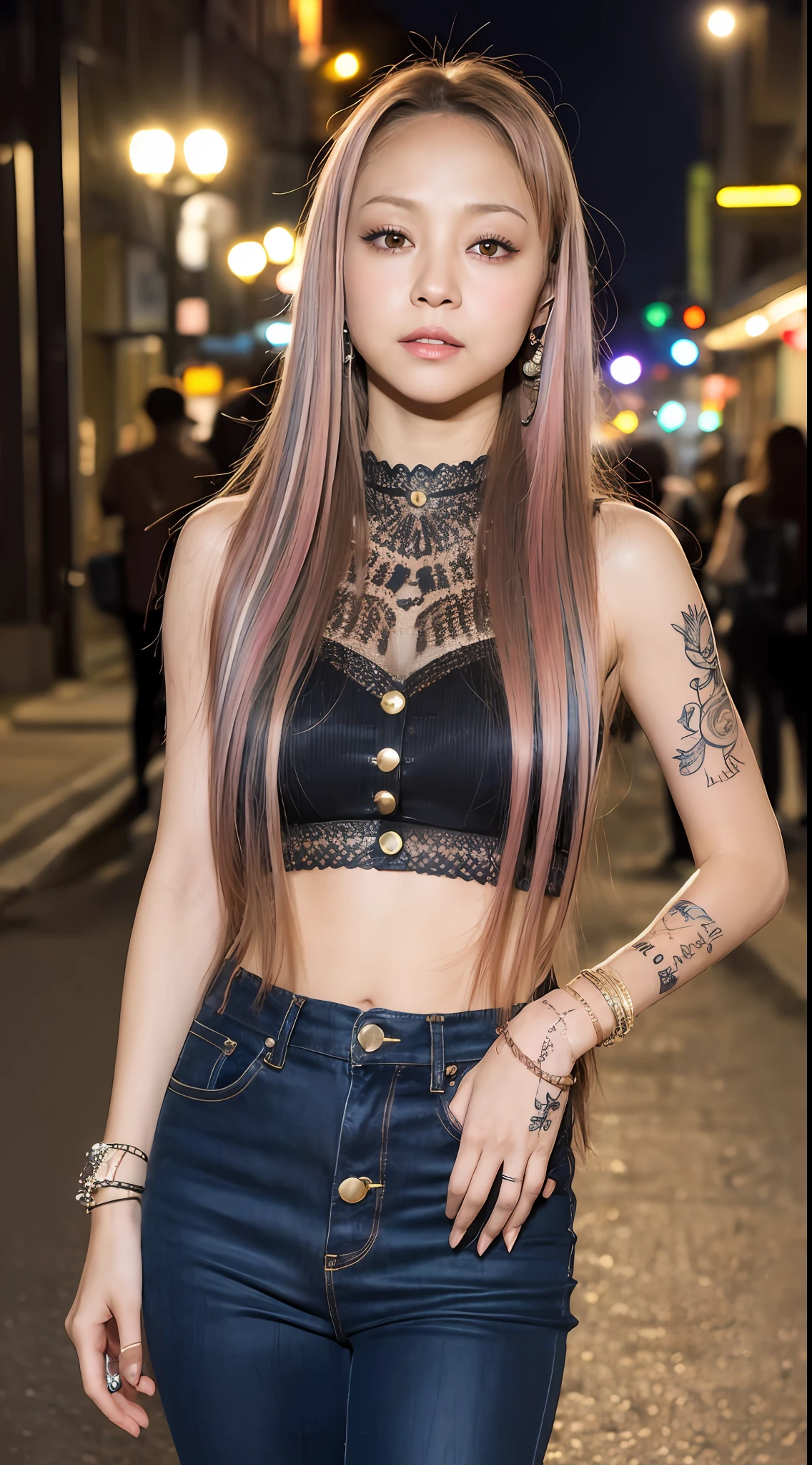 (Night, soft lighting, top quality, 8k, masterpiece, raw photo: 1.3),Mysterious, beautiful Japan woman, young Japan woman, Japan celebrity, Namie Amuro, ((Namie Amuro \ (Japan singer\), Japan entertainer, Japan star, Namie Amuro: 1.2), (highlight color hair, long straight hair, layer cut hair), earrings, thin bracelet on the wrist, (full body, sleeveless shirt, shirt with buttons, tight pants: 1.2), ultra detail, intricate details, highly detailed face and skin tone, slim body, (body full body tattoo, tattooed all over body), detailed eyes, realistic, makeup, intellectual, bewitching, beautiful standing figure, small breasts, medieval european cityscape, street at night