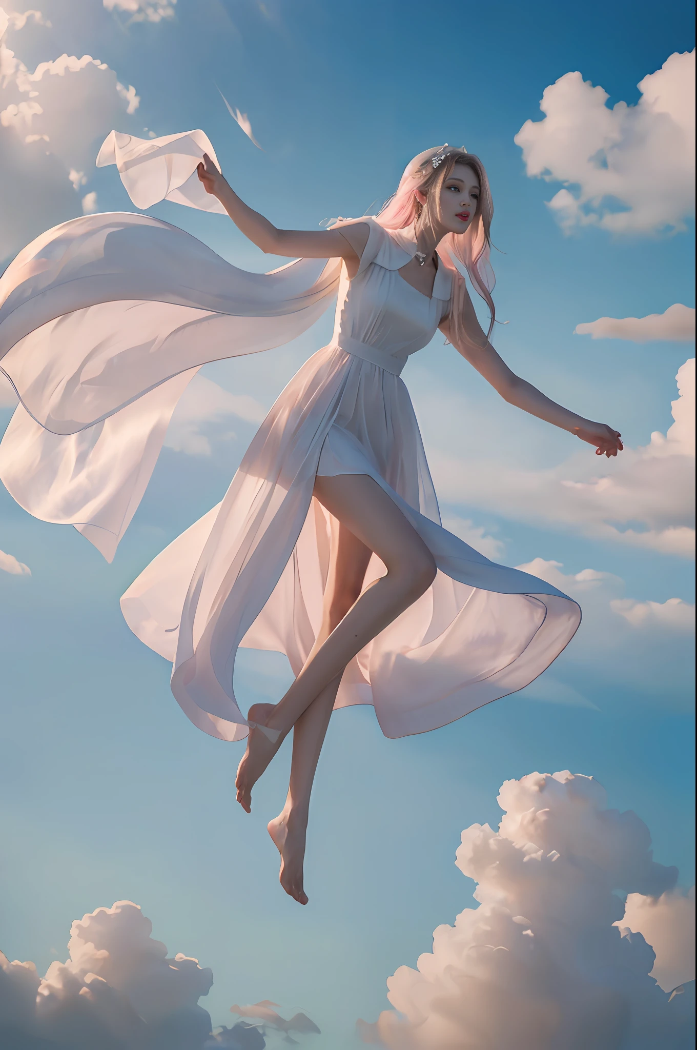 (8k, RAW photo, photorealistic:1.25), ( lip gloss, eyelashes, glossy side, shiny skin, best quality, ultra high resolution, depth of field, chromatic aberration, caustics, wide light, natural shadows, headwear, Kpop idol), (dreamy and romantic compositions: 1.5), light pink style, 1girl, (sky witch: 1.5), tall and thin beauty goddess, flowing dress, conservative girl, cloud goddess, flowing white fabric, wearing flowing dress, realistic, blue sky on background, (wind: 1.5), (full body: 1.5), add_detail,