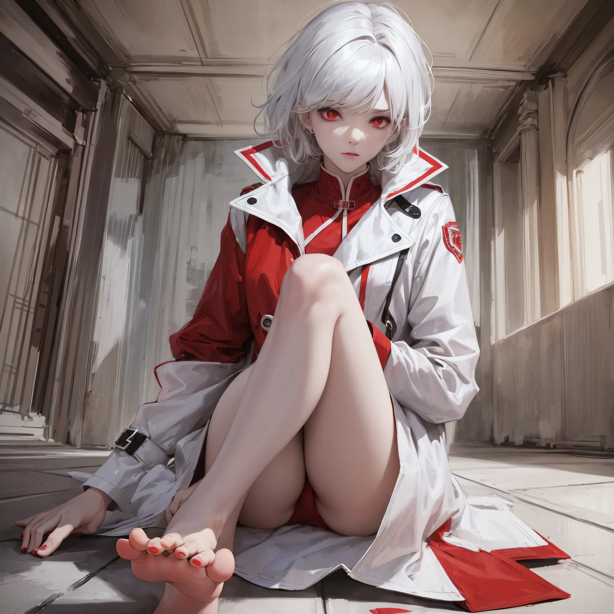 (white hair), (red eyes), (bare feet), (white shirt), (red trench coat), (cyan leg ring) --auto --s2