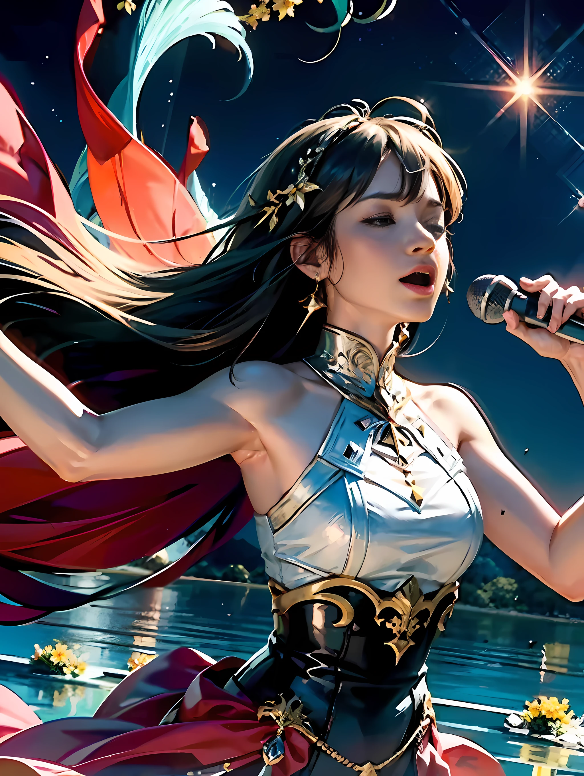 Vast background photo, half body shot, super detail of concept art, 38 year old beauty, singing with both eyes closed, singing passionately, cinematic, simple clothing, insanely detailed, sharp focus, night, vast background, lots of flowers dancing, water, lake, nebula