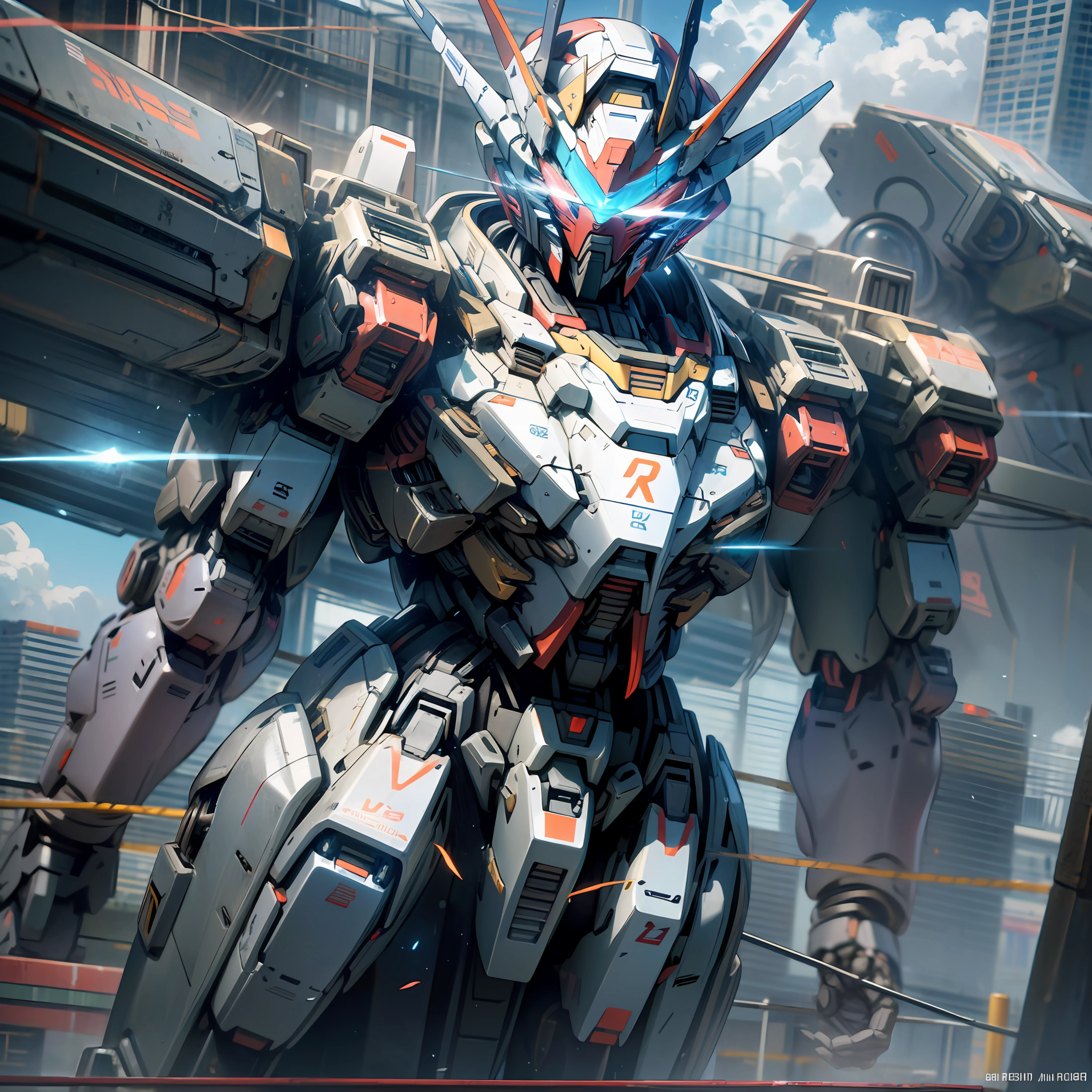 Empty, Cloud, holding_weapon, no_humans, Glow, Robot, Building, glowing_eyes, Mecha, Science Fiction, City, Reality, Mecha, Facial Focus, Blue and Red Metallic Luster, Cool Mecha Style, Gundam, Modern Mecha Anime, Mecha Art, Anime Large Mecha Robot, Anime Mecha Aesthetics, Mecha Anime, Mecha Inspiration, Mecha Aesthetics, High Quality Digital Concept Art, Super Clear Face Details, High Quality, 8K --auto --s2