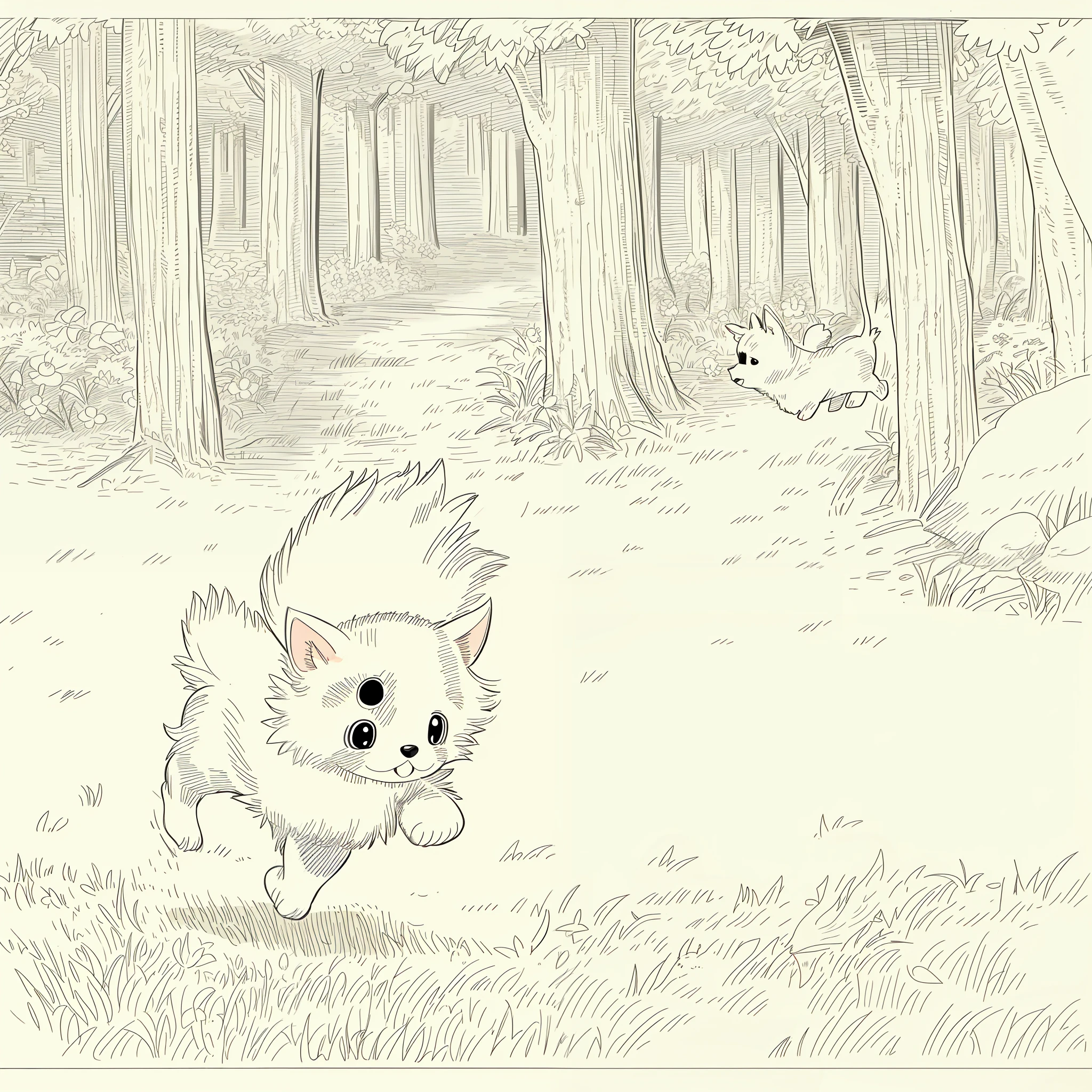 (High quality, 8k) line drawing, lineart, black and white, cute and fluffy chihuahua dog running in the forest with trees and flowers