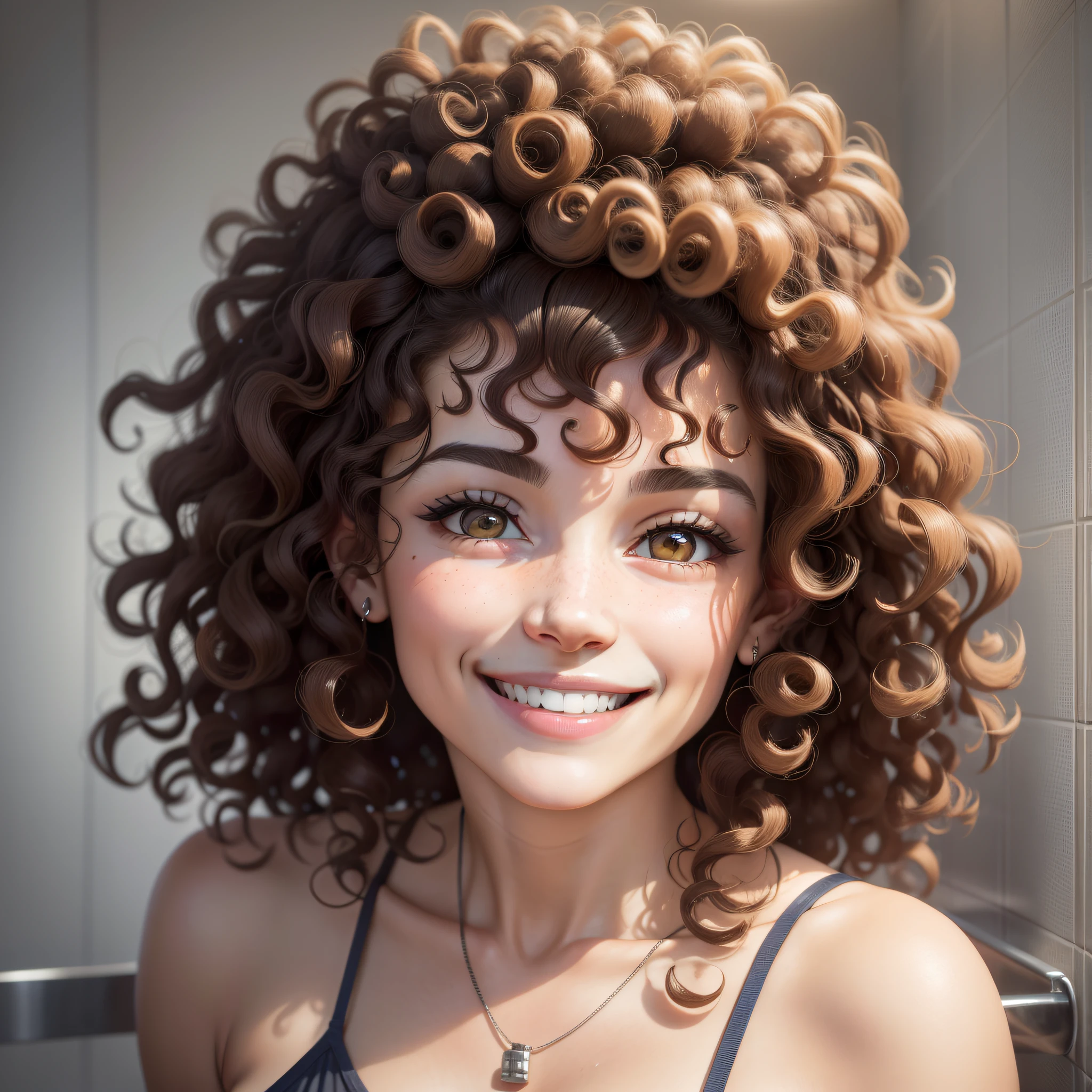 There is a woman with curly hair smiling in a bathroom, short curly dark hair smiling, smiling happily at the camera, beautiful and smiling, curly hair, messy curly hair, curly, she is smiling, she is smiling and happy, very silly looking, headshot profile picture, po, insane smile, curly hair, very slightly smiling