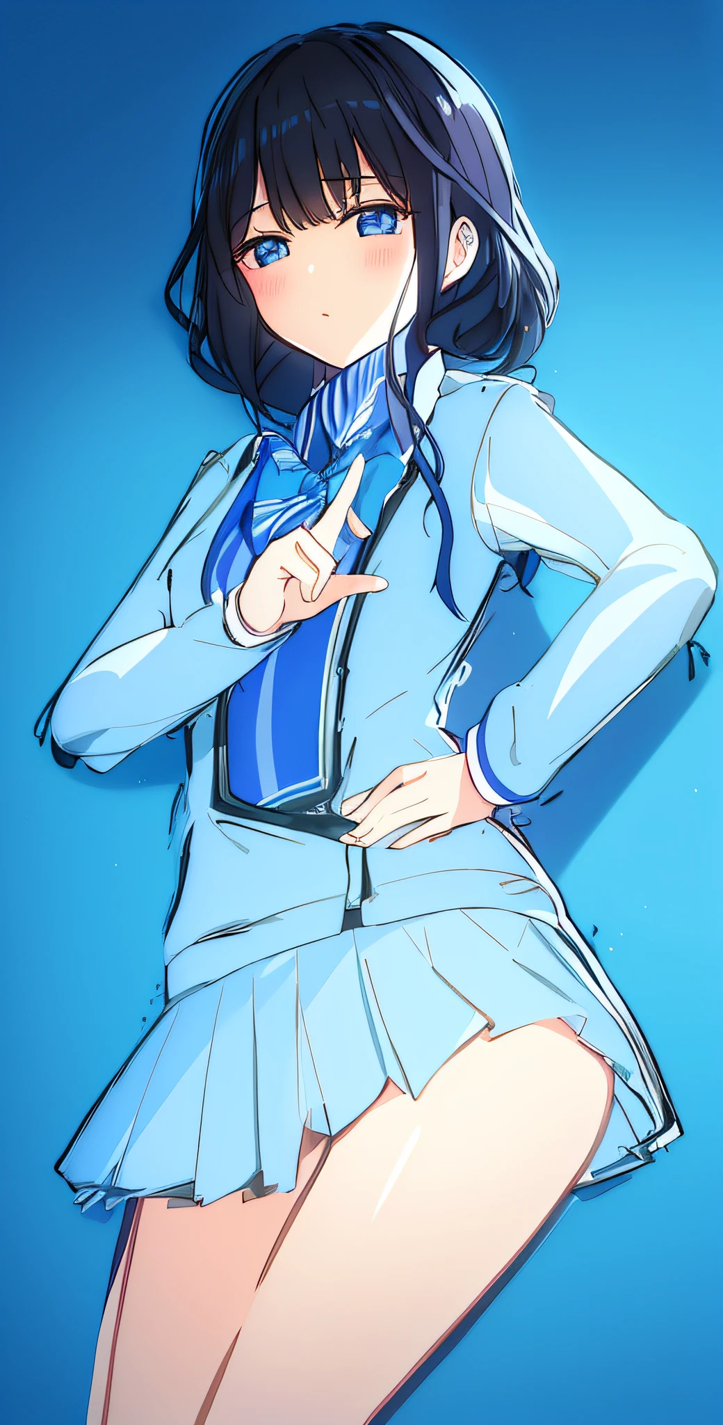 (Masterpiece), (Best Quality), (Best Illustration), (Best Shadow), Blue Ribbon, White Blazer, Checked Pleated Skirt, Black Hair