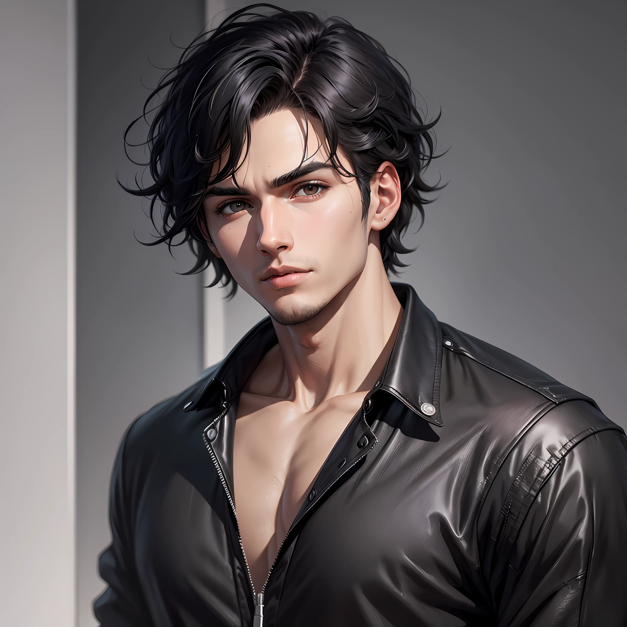 ``a boy  (25yrs) black shirt is posing for a picture ,(black choppy hair), photorealism, computer graphics, Artgerm,   digital art --auto --s2