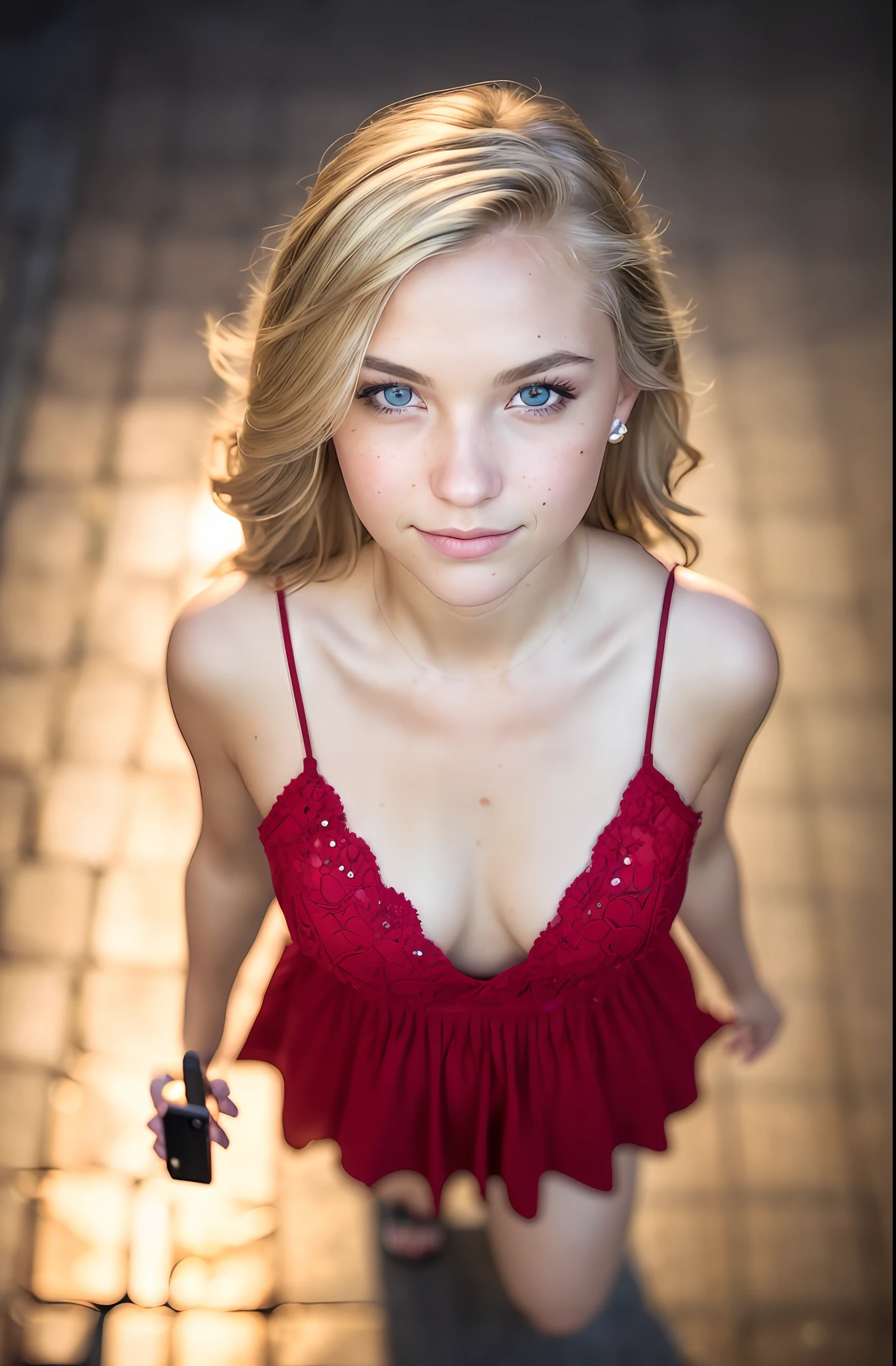 (selfie shot, from above:1.4), (half body postrait:1.4), RAW uhd portrait photo of a 24-year-old blonde (blue-eyed woman) walking down a dark alleyway, natural breasts_b, nighttime city background, (red sundress), (cleavage), detailed (textures!, hair!, shine, color!!, imperfections:1.1), highly detailed glossy eyes, (looking at the camera), specular lighting, dslr, ultra quality, sharp focus, tack sharp, dof, film grain, (centered), Fujifilm XT3, crystal clear, center of frame, cute face, sharp focus, street lamp, neon lights, bokeh, (dimly lit), low key, at night, (night sky) detailed skin pores, oiled skin, tan, intricate eye detail