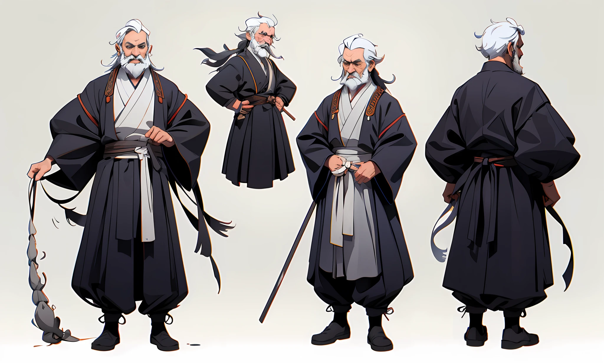 (Masterpiece, Best Quality: 1.2), Traditional Chinese Ink Painting, Ancient Chinese Clothing, 1 Man, Old Man, One Character, Taoist Priest, Gray Taoist Robe, Gray Clothes, Cloth Shoes, Long Robe, Long White Hair, Long Beard, White Beard, Old Man: 1.5, Simple Background, White Background: 1.5, White Background, Setting Diagram, Three View, People Diagram, Reference Table, Multi-View, Three-sided View, Three-sided View (Side View, Front View, Front View, Back View), Front View, Standing Posture, Classical Painting, Chinese Painting Style, Full body, standing, old man, gray hair, wise man, anime style, anime style, manga style, Guvez on ArtStation Pixiv, Guwiz on Pixiv art station