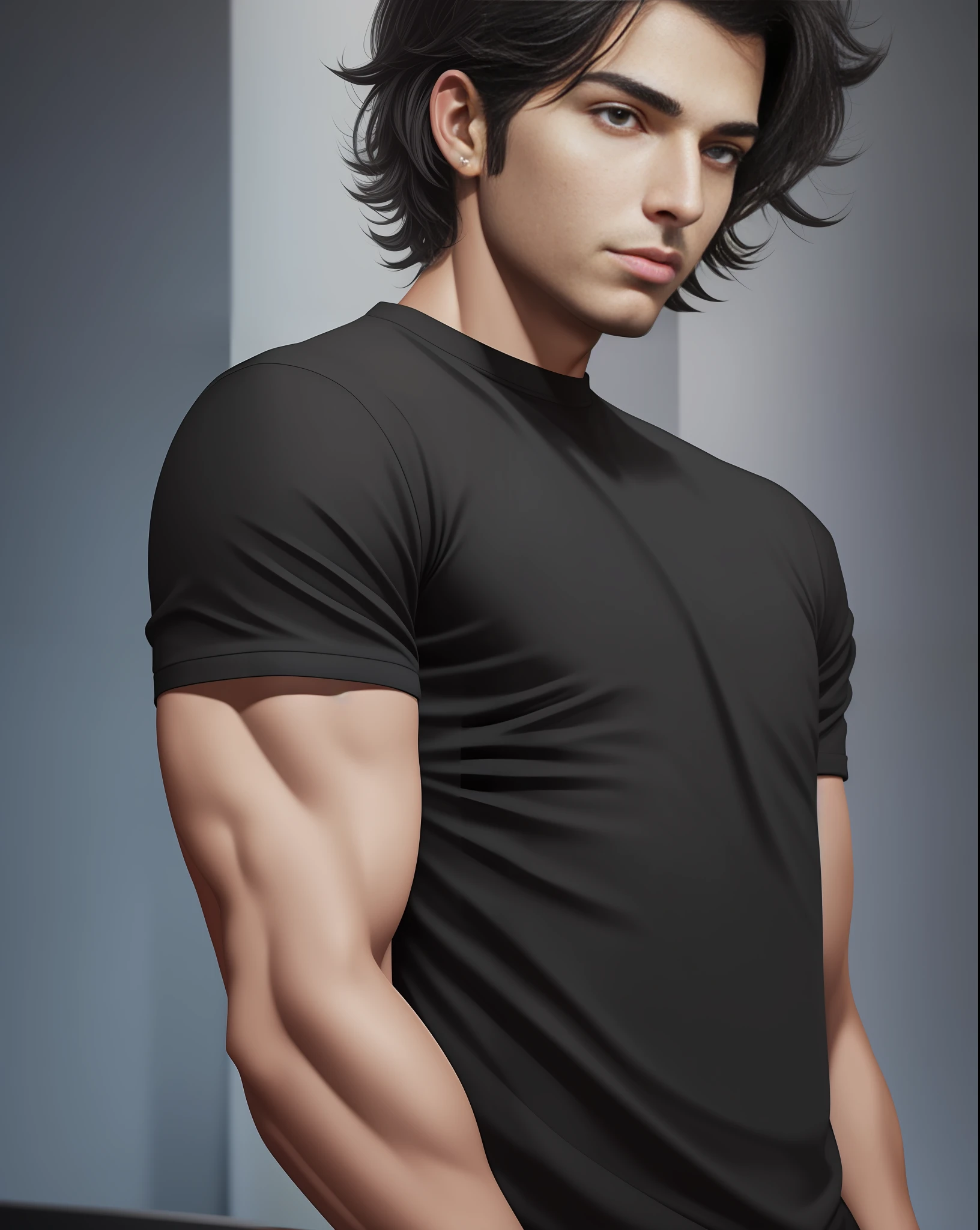 ``a boy  (25yrs) black shirt is posing for a picture ,(black choppy hair), photorealism, computer graphics, Artgerm,   digital art --auto --s2