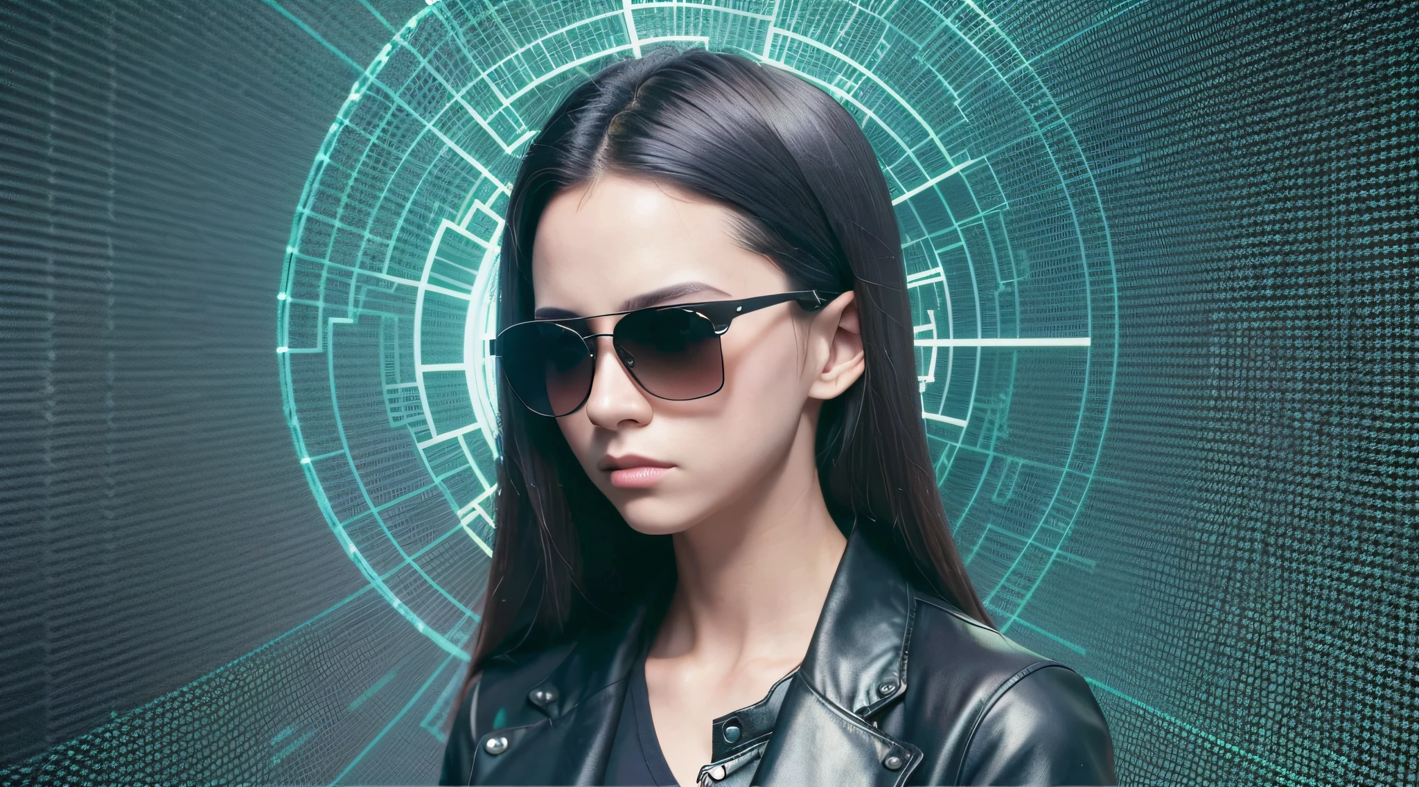 Image of a girl in sunglasses and black shirt, from the new movie, 4K comic wallpaper, Matrix, Matrix Lut, no text, science fiction, Neo from Matrix, Matrix Movie Color Grading.