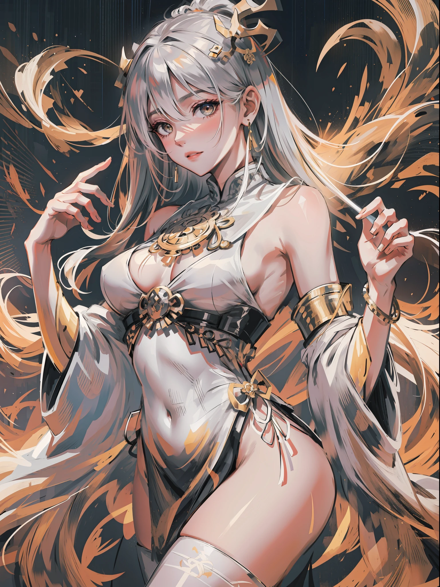 A masterpiece of a Buddhist Guanyin Bodhisattva, white super long hair, flowing long hair, exquisite jewelry, delicate bracelets, exquisite hair accessories, high on the feeling, aperture on the back, bodhisattva, fairy qi fluttering, holding various magic weapons in his hands, golden bracelets on ankles, ancient Chinese costumes, robes, gorgeous silk, flowing tulle, dazzling background, golden aperture on the back, gold Falun on the back, best light, backlit shooting, movie filter, (hands together), (thousand hands Guanyin statue), ultra HD, 8k, fair skin, Wolp_style, duhuang_style, upper body close-up, detailed face, 28 years old, 1girl, fitness marks, slim figure, a little muscular, vest line, leaning back curved body, digital illustration art, superlative art drawing, (abstract background:1.3), (many colors: 1.4), (earrings), (Flamethrower:1.3),red background