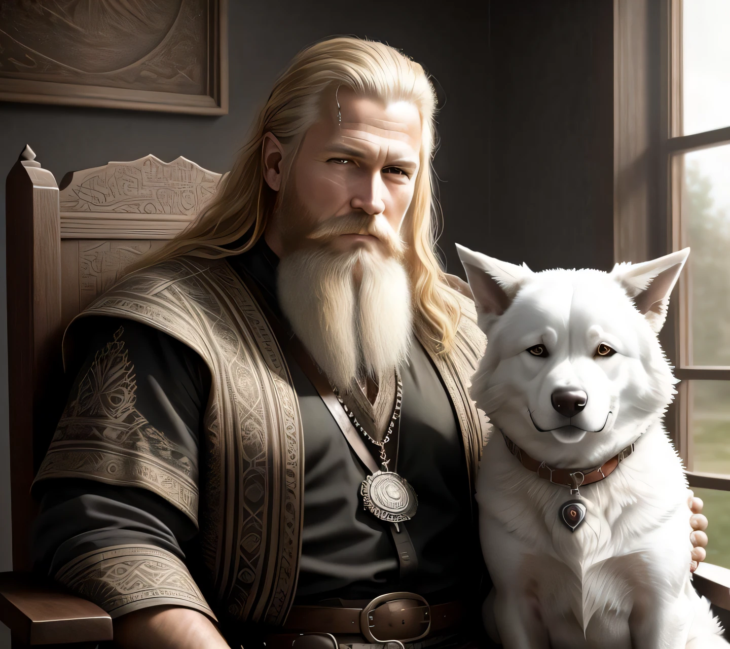 a painting of a man sitting in a chair next to a dog, epic viking king, official artwork hdr, red blood, intricate wlop, eeire, old gigachad with grey beard, a sexy blonde warrior, howard brodie, tarot card the fool, nationalist, imaginfx, old scroll, house, from of thrones, gungnir, anime picture, (intricate details:1.12), hdr, (intricate details, hyperdetailed:1.15), (natural skin texture, hyperrealism, soft light, sharp:1.2)