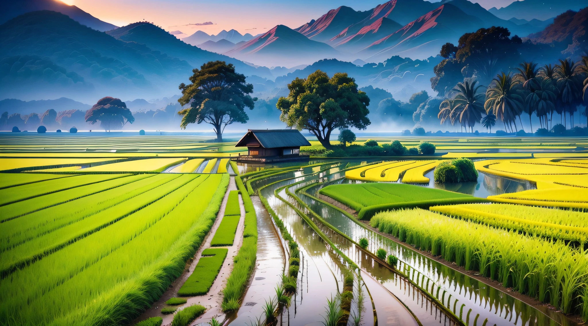 The scenery of the rice fields always gives people a sense of calm and spaciousness, as if soothing the softness of the depths of the soul. On an early morning, the breeze blows and the ears of rice in the rice fields glow golden yellow in the sun, which is a beautiful start.
The ears of rice in the rice fields rise high and sway in the wind, like patches of golden ocean, choppy waves. Under the sunlight, the rice ears feel as dazzling as gold, giving off an intoxicating aroma that makes people feel incomparably beautiful.
In the rice fields, countless farmers are busy working, walking around the fields with hoes, shovels or large baskets on their backs. They worked hard, sweat rolling down their foreheads, stirring up circles of ripples.
There is a small stream in the rice field, the water is clear and transparent, the water is gurgling, quiet and wonderful. By the stream, the lush reeds and weeping willows gently sway, seemingly bringing a sense of vitality and vitality to the stream.
As the sun sets, the ears of rice in the rice fields keep rubbing with the evening breeze, making a rustling sound. In this calm atmosphere, the birds in the rice fields sing nocturnes and the calls of cicadas are heard, giving a sense of tranquility.
As night falls, the scene in the rice fields becomes even more beautiful. In the darkness, the ears of rice stand in the wind, like patches of black ocean, exuding a mysterious aura. In the middle of the rice field, the lights of the farm flicker among the ears of rice, creating a romantic atmosphere for the entire rice field.
In short, the scenery of the rice fields is always full of vitality and beauty of life. Here, you can feel the gift of nature and the essence of life, which makes people feel