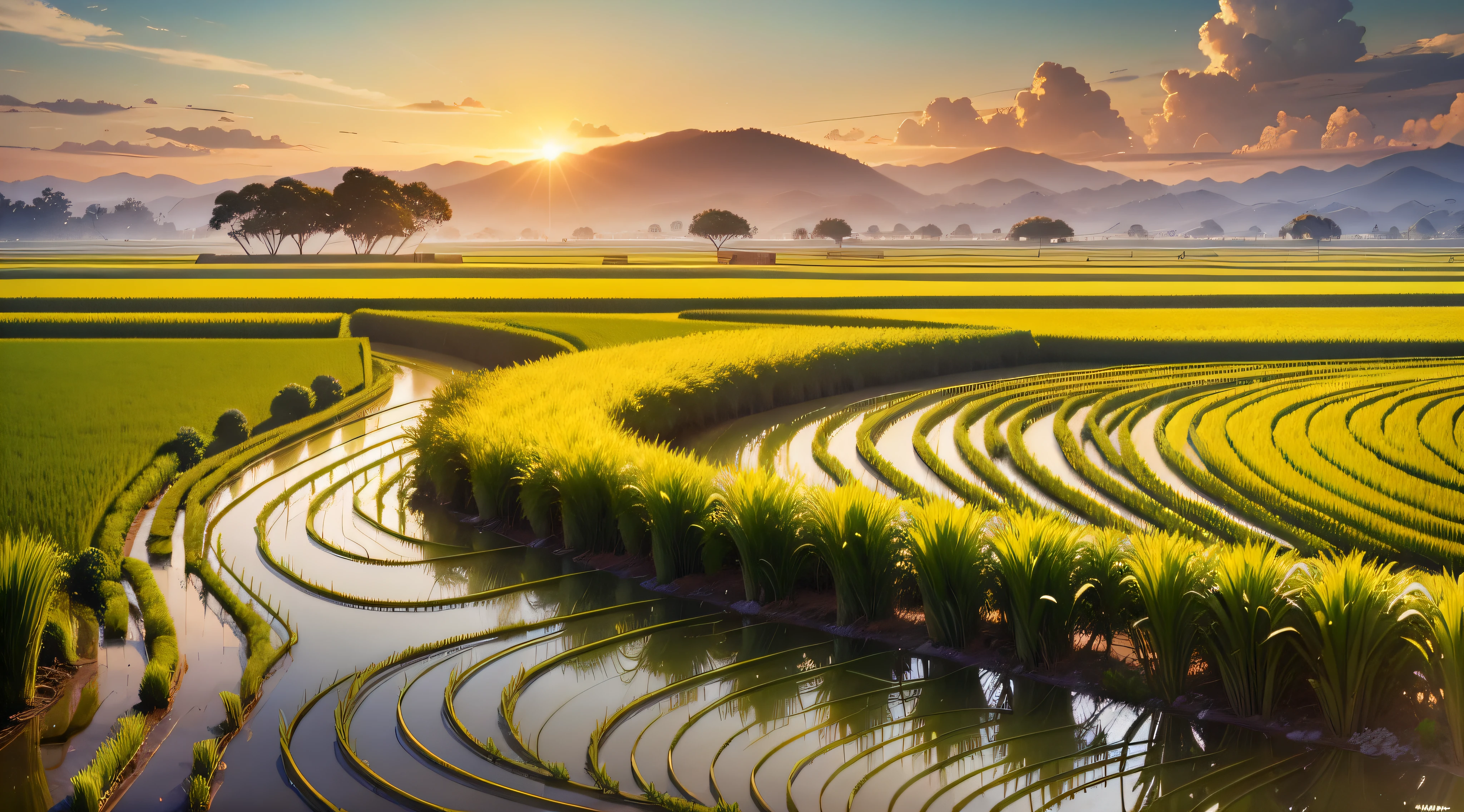 The scenery of the rice fields always gives people a sense of calm and spaciousness, as if soothing the softness of the depths of the soul. On an early morning, the breeze blows and the ears of rice in the rice fields glow golden yellow in the sun, which is a beautiful start.
The ears of rice in the rice fields rise high and sway in the wind, like patches of golden ocean, choppy waves. Under the sunlight, the rice ears feel as dazzling as gold, giving off an intoxicating aroma that makes people feel incomparably beautiful.
In the rice fields, countless farmers are busy working, walking around the fields with hoes, shovels or large baskets on their backs. They worked hard, sweat rolling down their foreheads, stirring up circles of ripples.
There is a small stream in the rice field, the water is clear and transparent, the water is gurgling, quiet and wonderful. By the stream, the lush reeds and weeping willows gently sway, seemingly bringing a sense of vitality and vitality to the stream.
As the sun sets, the ears of rice in the rice fields keep rubbing with the evening breeze, making a rustling sound. In this calm atmosphere, the birds in the rice fields sing nocturnes and the calls of cicadas are heard, giving a sense of tranquility.
As night falls, the scene in the rice fields becomes even more beautiful. In the darkness, the ears of rice stand in the wind, like patches of black ocean, exuding a mysterious aura. In the middle of the rice field, the lights of the farm flicker among the ears of rice, creating a romantic atmosphere for the entire rice field.
In short, the scenery of the rice fields is always full of vitality and beauty of life. Here, you can feel the gift of nature and the essence of life, which makes people feel