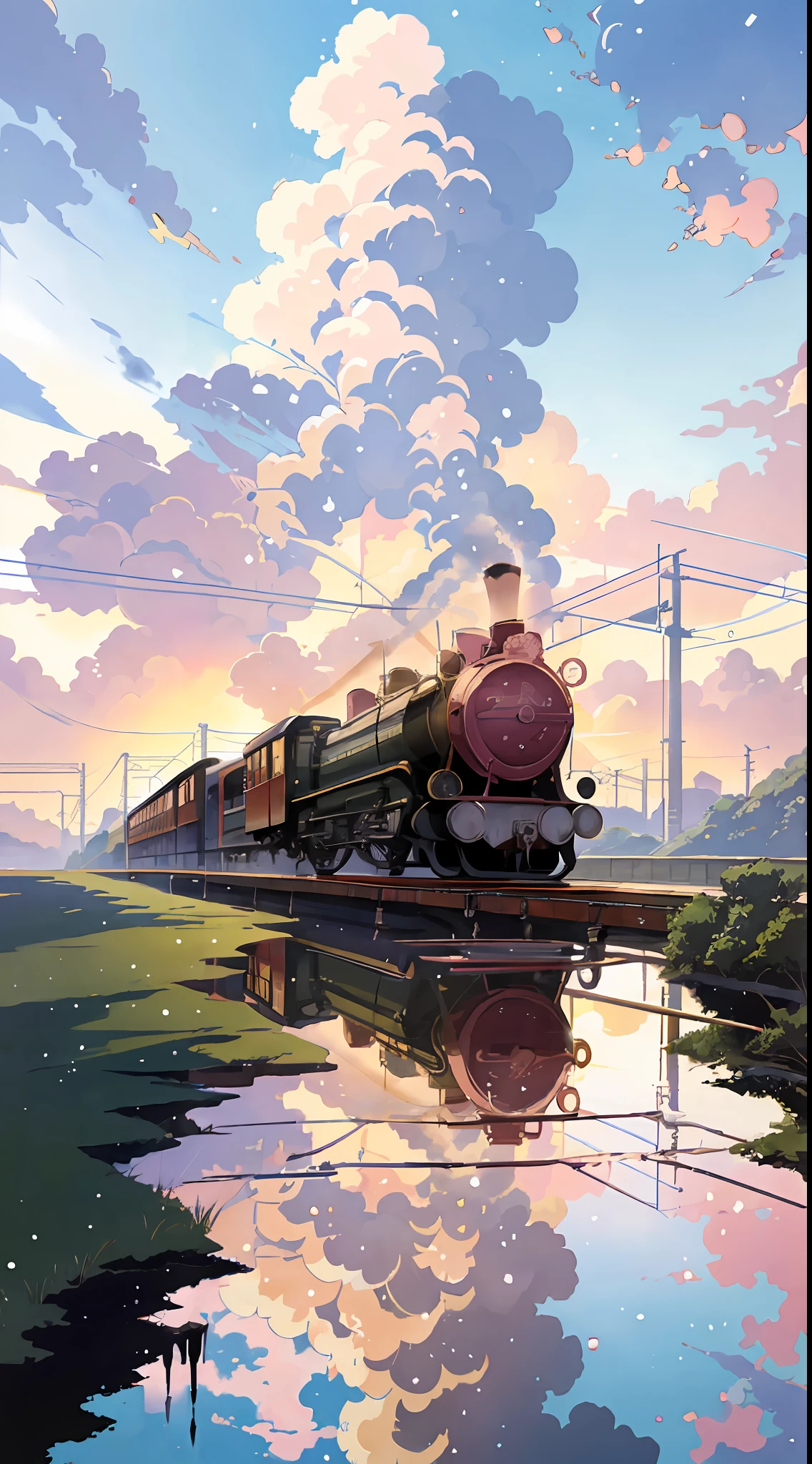 Masterpiece, anime train on rails through a body of water, pink train. Romantic train, concept art, lofi art style, reflection. lofi art, beautiful anime scenes, anime scenery, detailed scenery - width 672, enhanced details.
