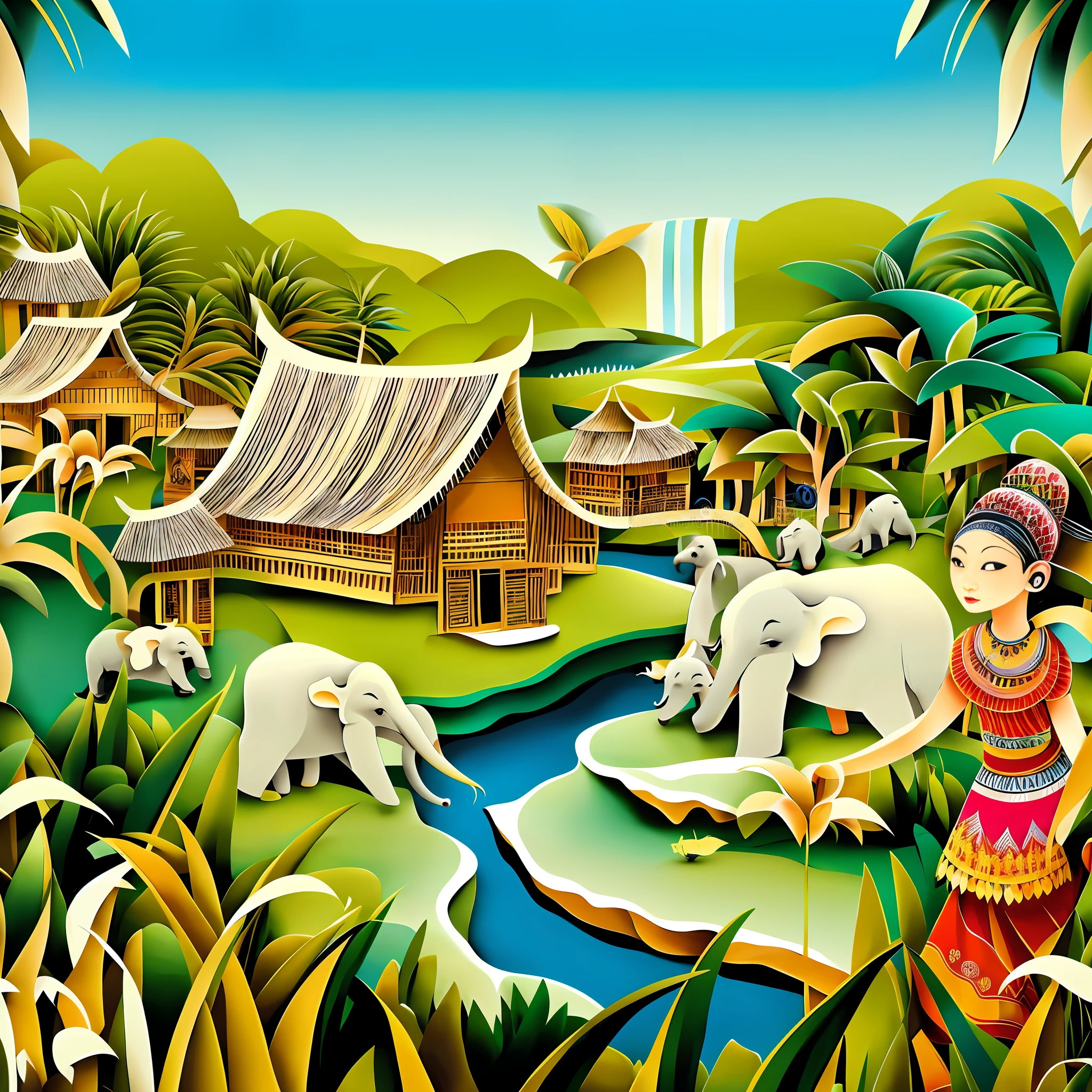 illustration of a woman and two elephants in a tropical landscape, thailand art, a beautiful artwork illustration, official illustration, artwork in style of sheng lam, laos, dital painting, vibrant cartoon art, folkloric illustration, colorfull illustration, beautifully illustrated, tribe huts in the jungle, illustrative art, vibrant tourism poster, illustration”, colorful illustration