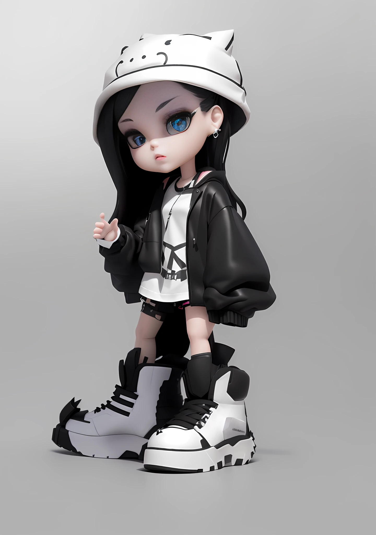 a close up of a doll with a black jacket and black shoes, anime styled 3d, cute 3 d render, goth girl, 3 d render stylized, render of a cute 3d anime girl, highly detailed character, 3 d render character art 8 k, wearing a punk outfit, epic 3 d abstract emo girl, neo goth, 3 d character render