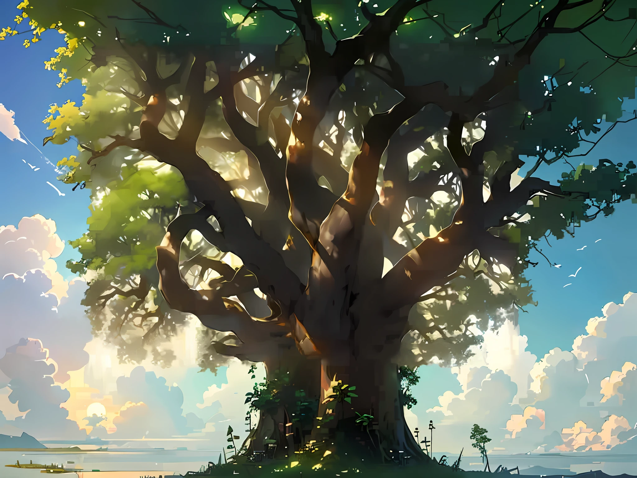 there is a painting of a tree with a sun shining through it, studio ghibli sunlight, cinematic studio ghibli still, overgrowth. by makoto shinkai, ( ( makoto shinkai ) ), studio ghibli environment, studio ghibli smooth concept art, studio glibly makoto shinkai, makoto shinkai. —h 2160