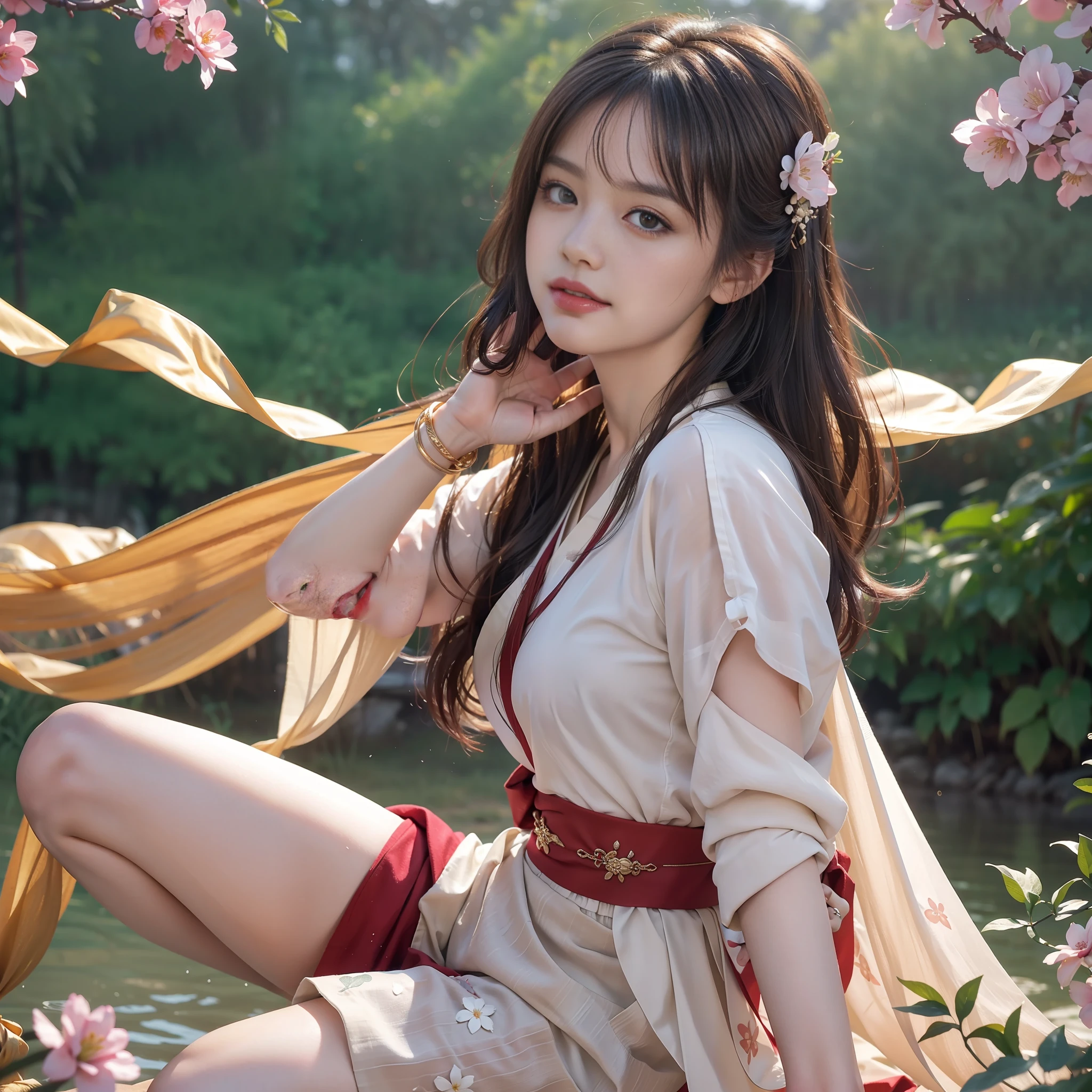 nsfw, 8K raw photo, best quality, masterpiece, super high resolution, film grain, film, 1girl, looking at the audience, natural skin texture, realistic eye and face details, full lips, lipstick, (makeup), long fluffy hair, messy hair, smile, shut up, beautiful legs, thin, solo, hips posing at you, miniskirt, ass, shirt, beautiful natural position, position of flowers around, (detailed background), blurred background, blur, hold, brown hair, bracelet, water, bangs, parted lips, lips, from side, hanfu, depth of field,