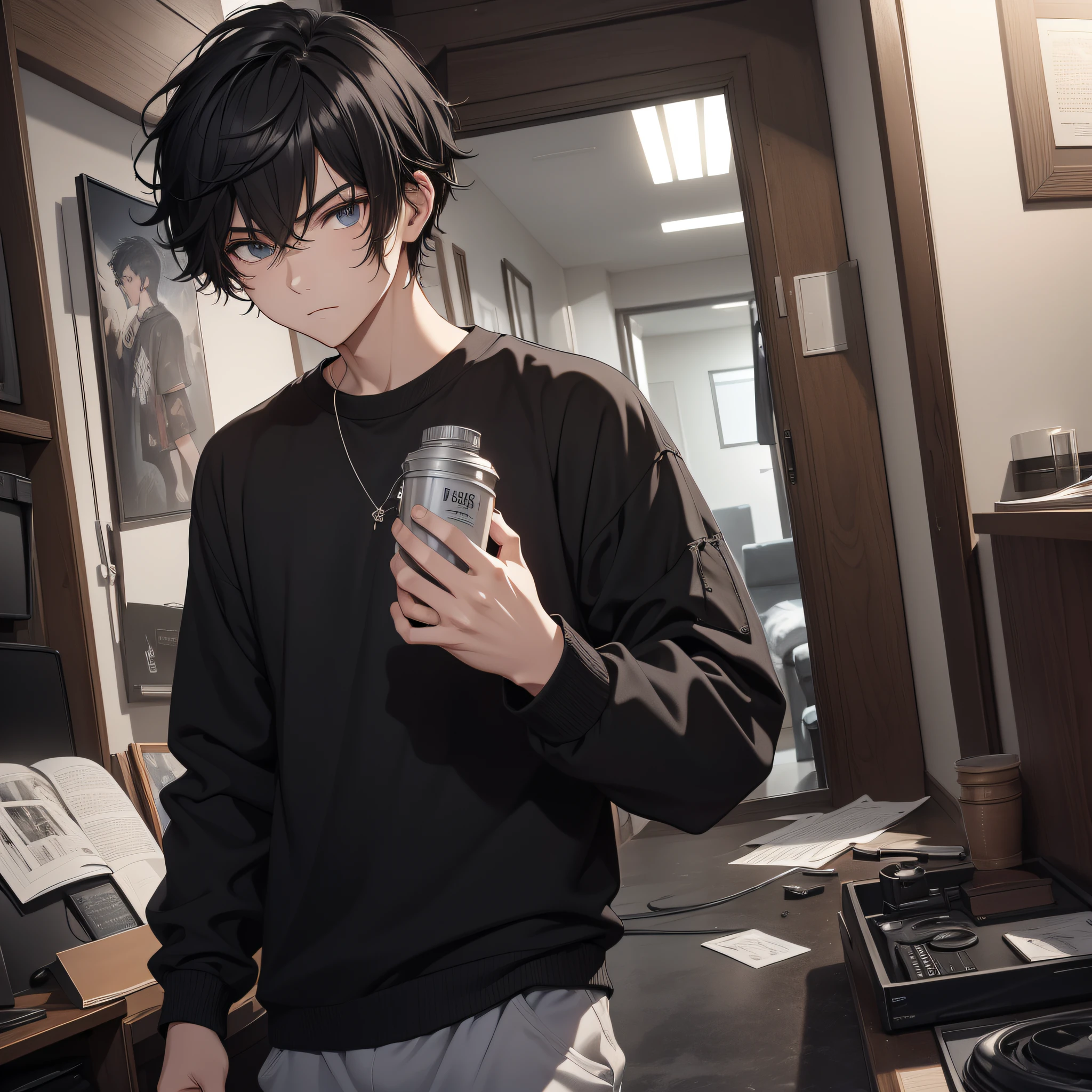 Absurd resolution, high resolution, (masterpiece: 1.4), hyper-detail, young man's messy short black hair, black casual clothes, weird room hall, serious expression