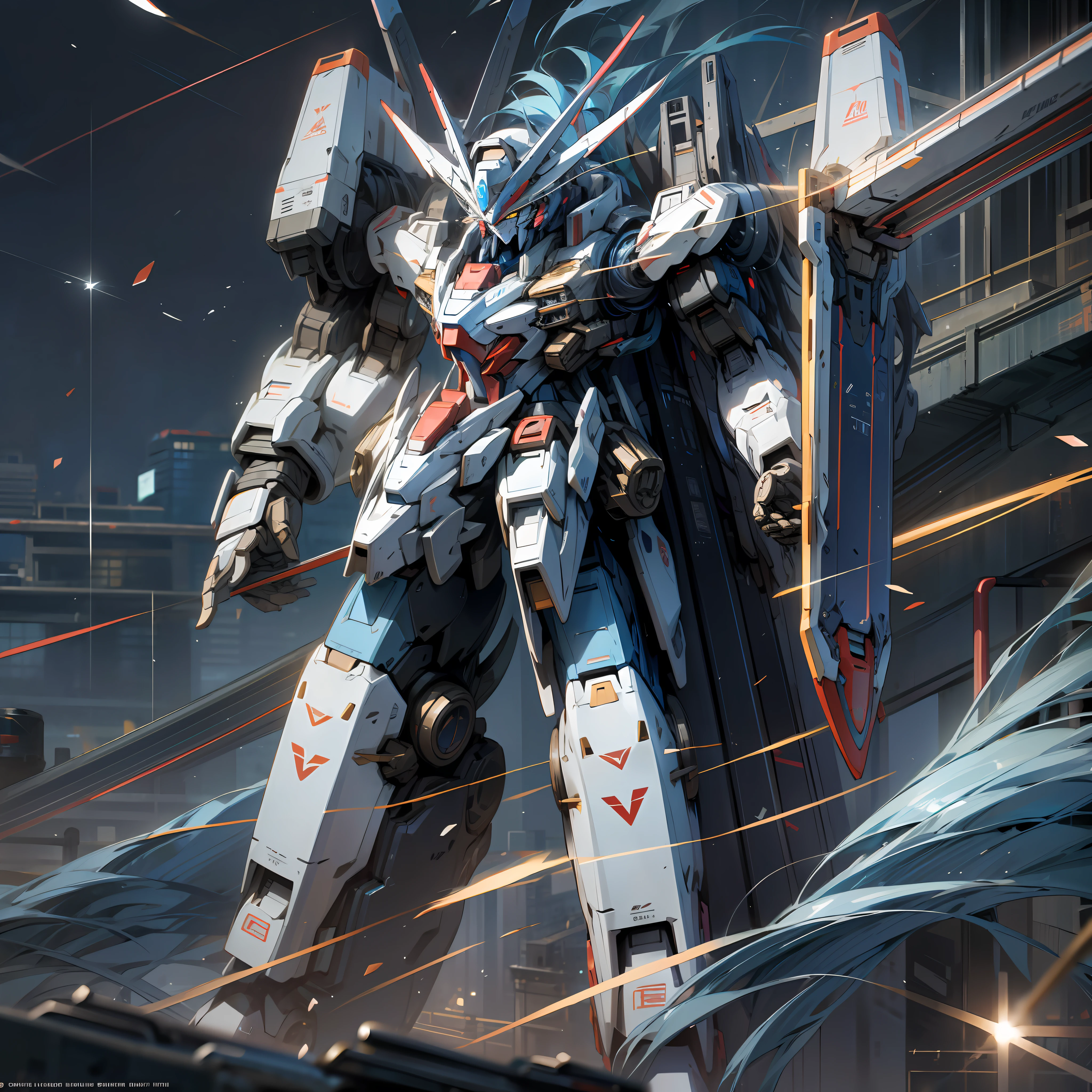 Empty, Cloud, holding_weapon, no_humans, Glow, Architecture, glowing_eyes, Mecha, Science Fiction, City, Reality, Facial Focus, Blue and Red Metallic Luster, Cool Mecha Style, Gundam, Modern Mecha Anime, Mecha Art, Anime Mecha Aesthetics, Mecha Anime, Mecha Inspiration, Mecha Aesthetics, High Quality Digital Concept Art, Ultra Clear Face Details, High Quality, 8K --auto --s2