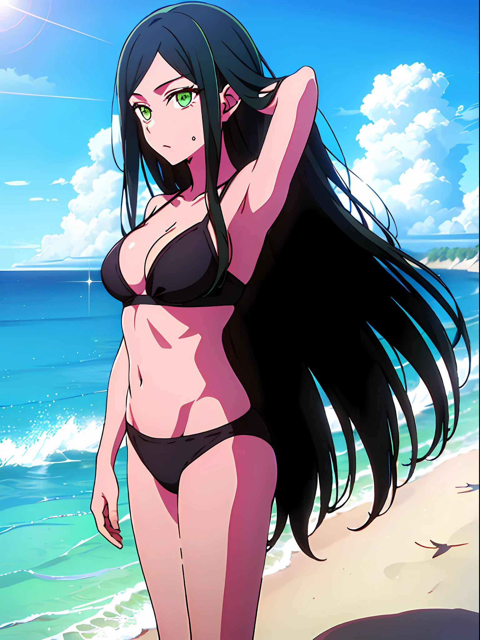 frillshiranui\(oshinoko\), darkgreen hair, green eyes, long hair, expressionless, black bikini, realistic, 3d, wet, checkered floor, lens flare, sea, beach, with beach ball