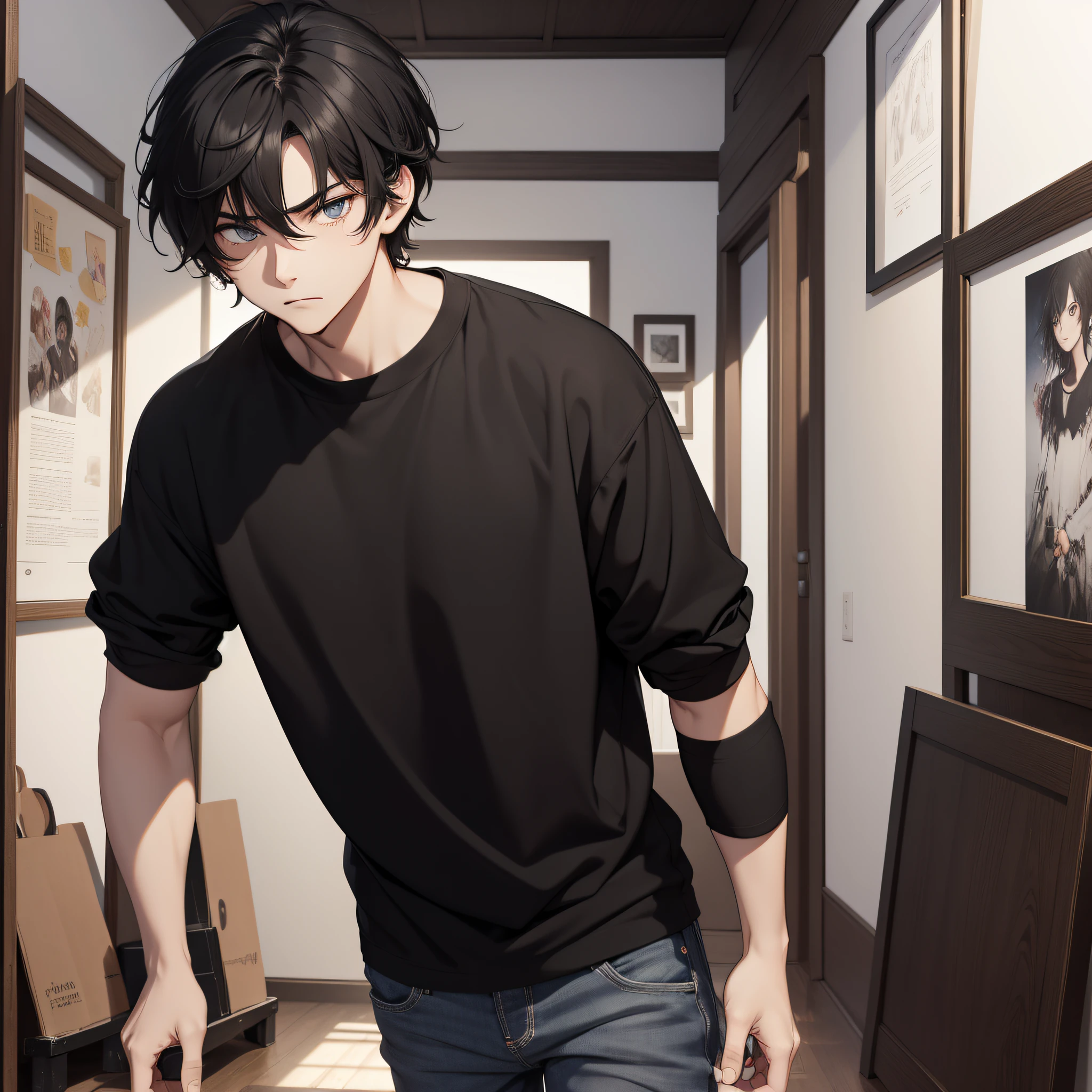 Absurd resolution, high resolution, (masterpiece: 1.4), hyper-detail, young man's messy short black hair, black casual clothes, weird room hall, serious expression