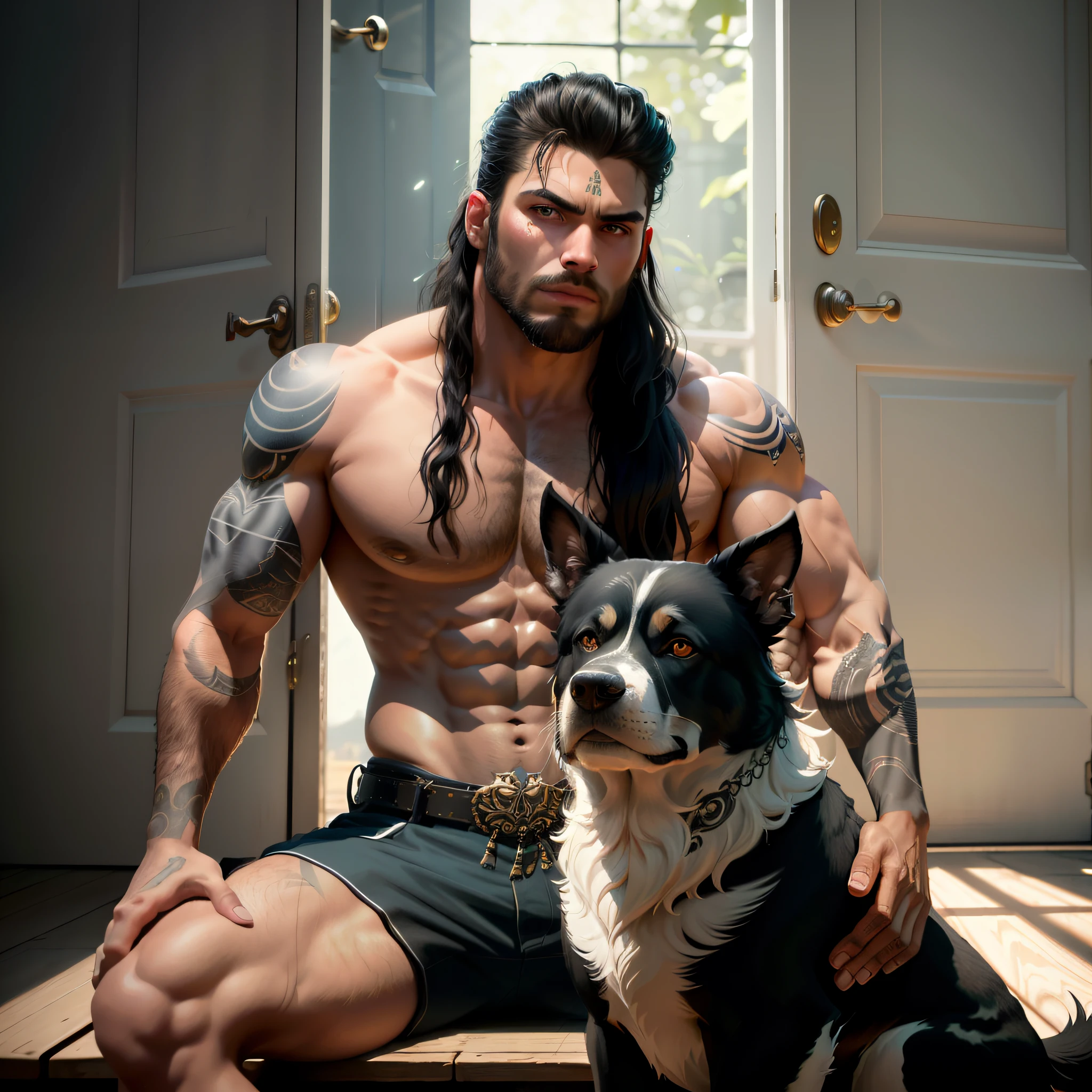A photorealistic portrait of a ly handsome young man, no shirts, very strong, chiseled and extremely tattooed sitting on a step next to a big fierce dog, a large door as the background, a colorized photo by Jesse Richards, instagram contest winner, maximalism, masculine, handsome, grotesque, photograph, detailed symmetric realistic face, extremely detailed natural texture, peach fuzz, long hair, masterpiece, absurdres, nikon d850 film stock photograph, kodak portra 400 camera f1.6 lens, extremely detailed, amazing, fine detail, hyper realistic lifelike texture, dramatic lighting, unrealengine, trending on artstation, cinestill 800 tungsten, looking at the viewer, photo realistic, RAW photo, TanvirTamim, high quality, highres, sharp focus, extremely detailed, cinematic lighting, 8k uhd,-imagine-