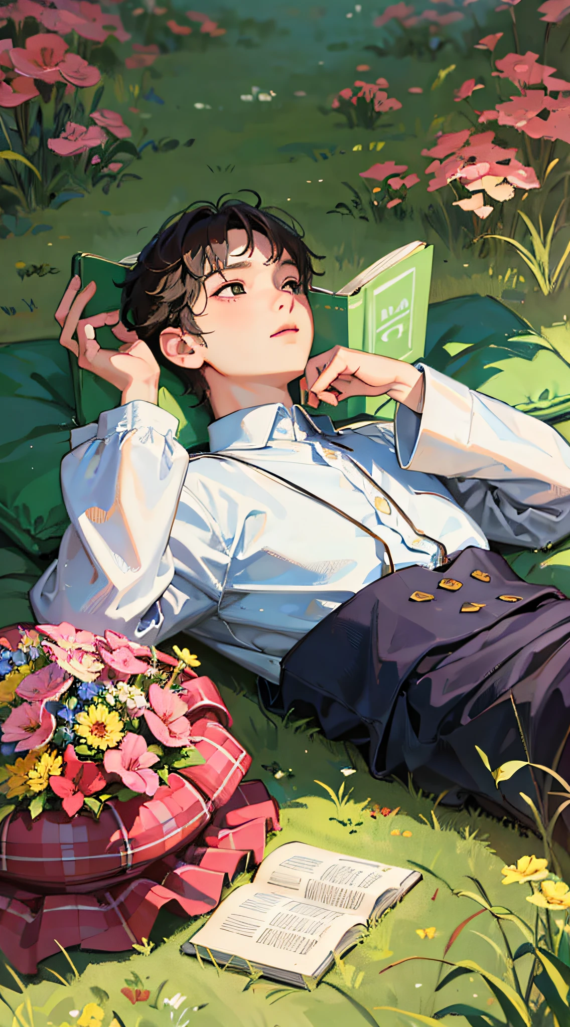 The boy lay lazily on the lawn, his head covered with a book