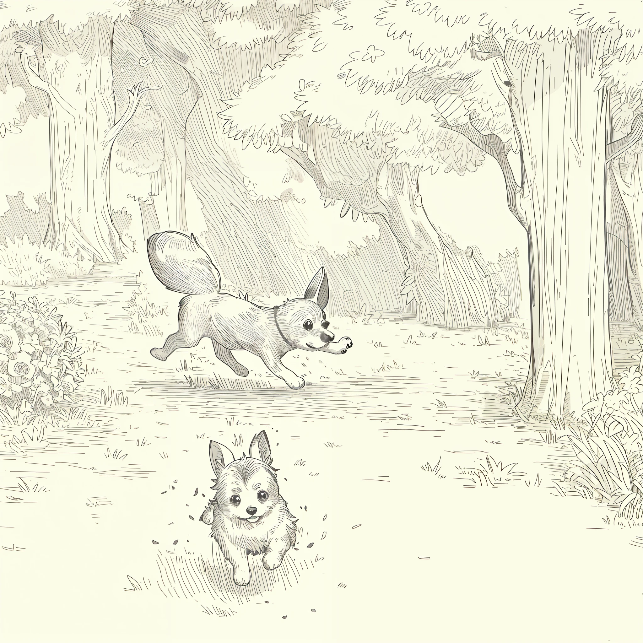 (High quality, 8k) line drawing, lineart, black and white, cute and fluffy chihuahua dog running in the forest with trees and flowers